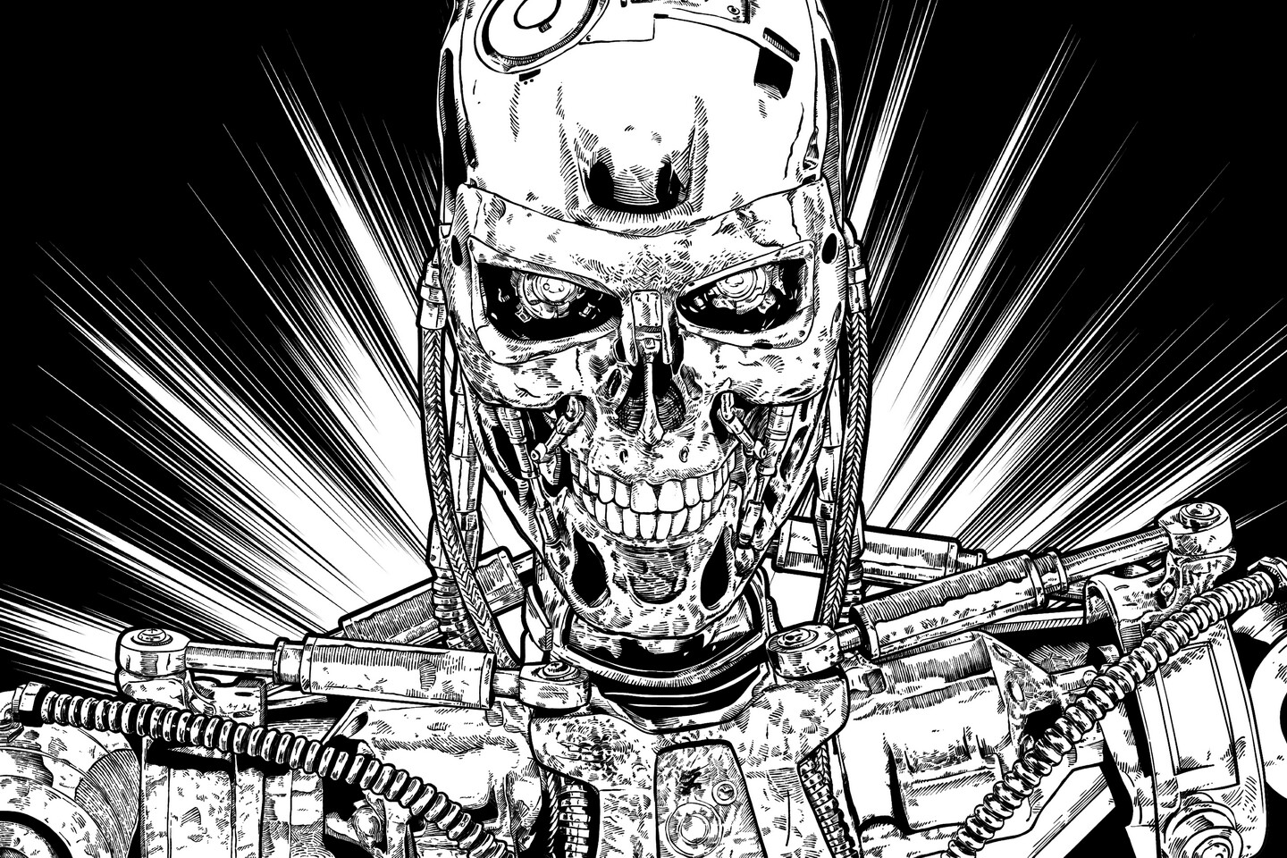 Terminator Endoskeleton Machine Cyborg Comic Art Drawing Monochrome 1440x960