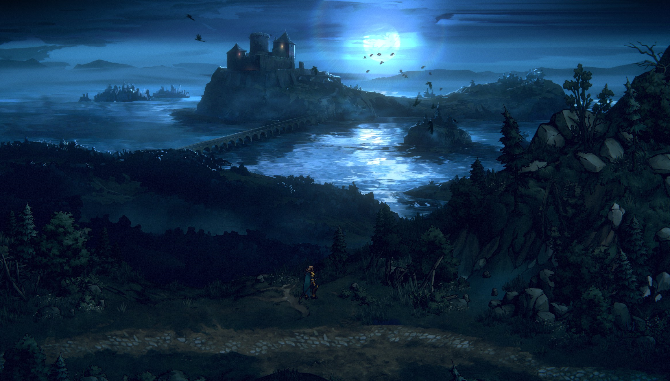 Thronebreaker The Witcher Tales Night Moon Video Games Landscape Castle River Bridge Birds Atmospher 2317x1317