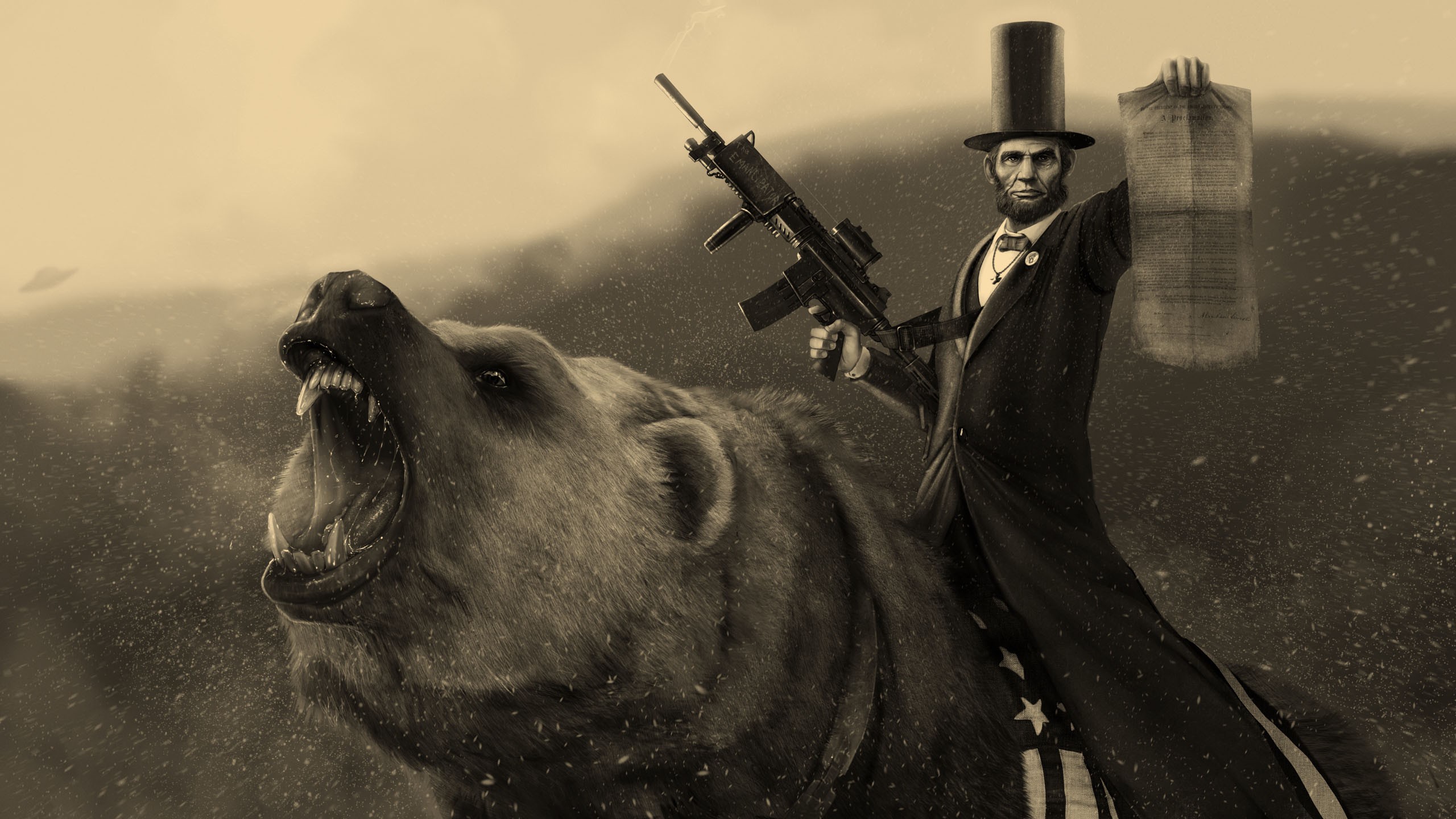 Abraham Lincoln Digital Art Humor Sepia Artwork Animals Weapon Hat USA Presidents 2560x1440