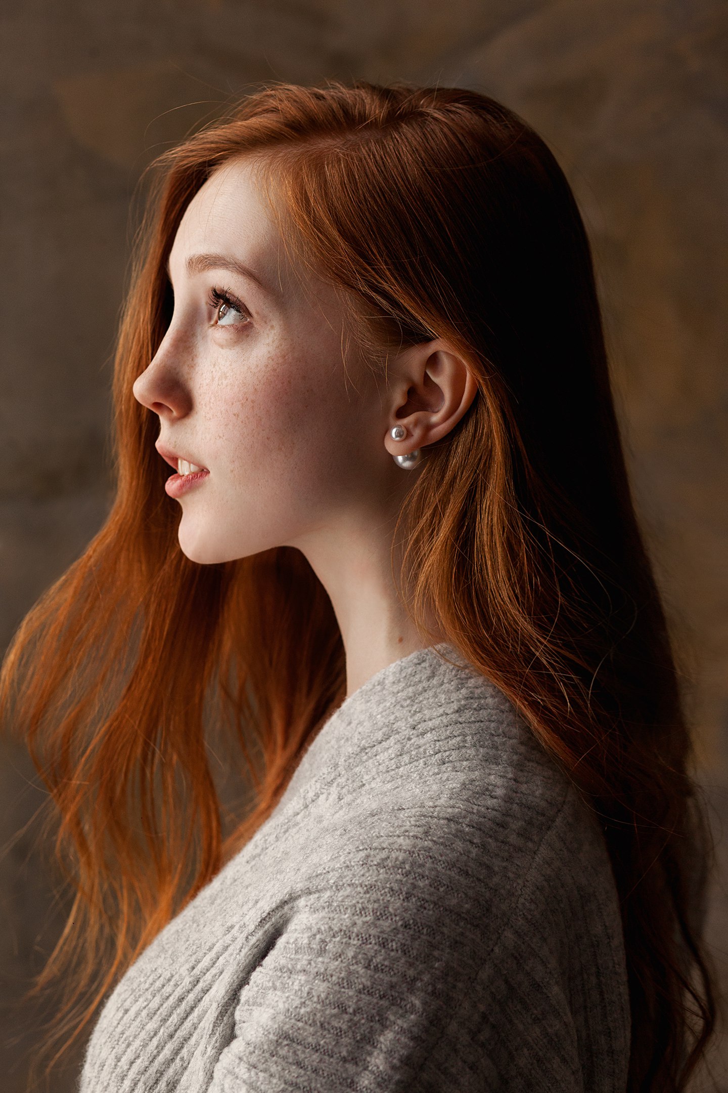 Women Model Redhead Freckles Pearl Earrings Sweater Portrait Profile Looking Up Brown Eyes Depth Of  1440x2160