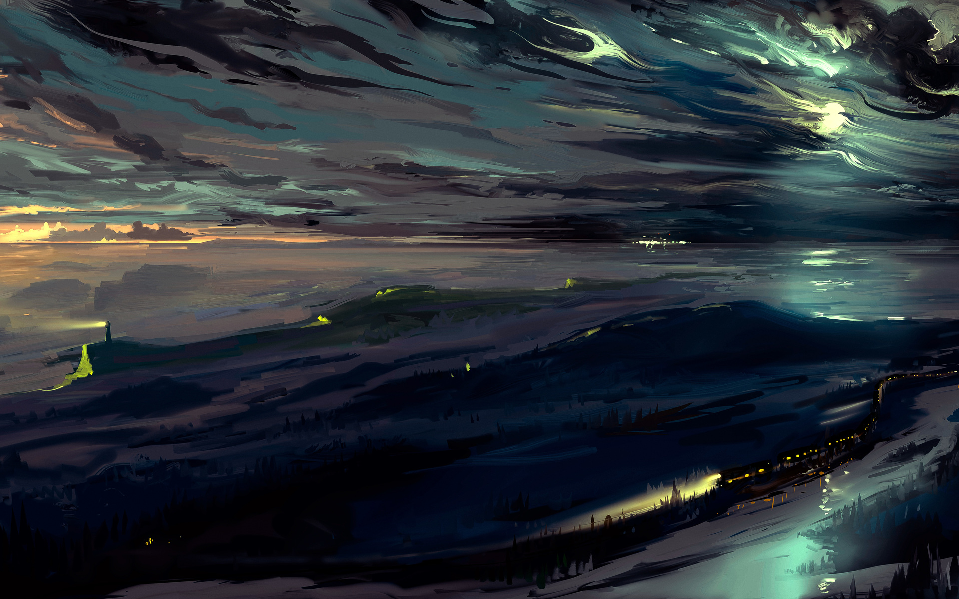Artwork Digital Art Train Lighthouse Night Landscape Clouds Moon Moonlight Hangmoon 1920x1200