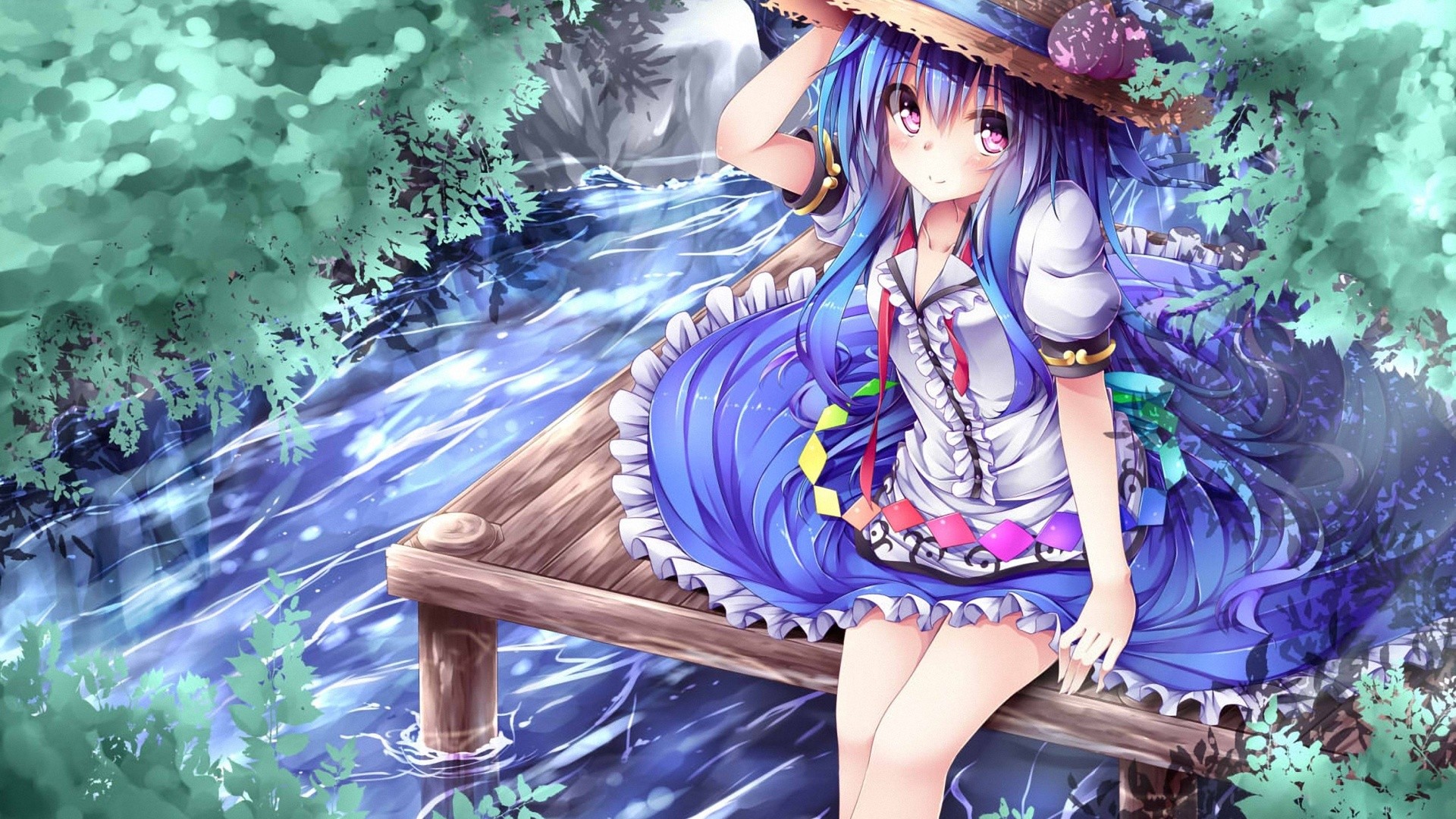 Anime Dress Purple Eyes Water Straw Hat Touhou Hinanawi Tenshi 1920x1080