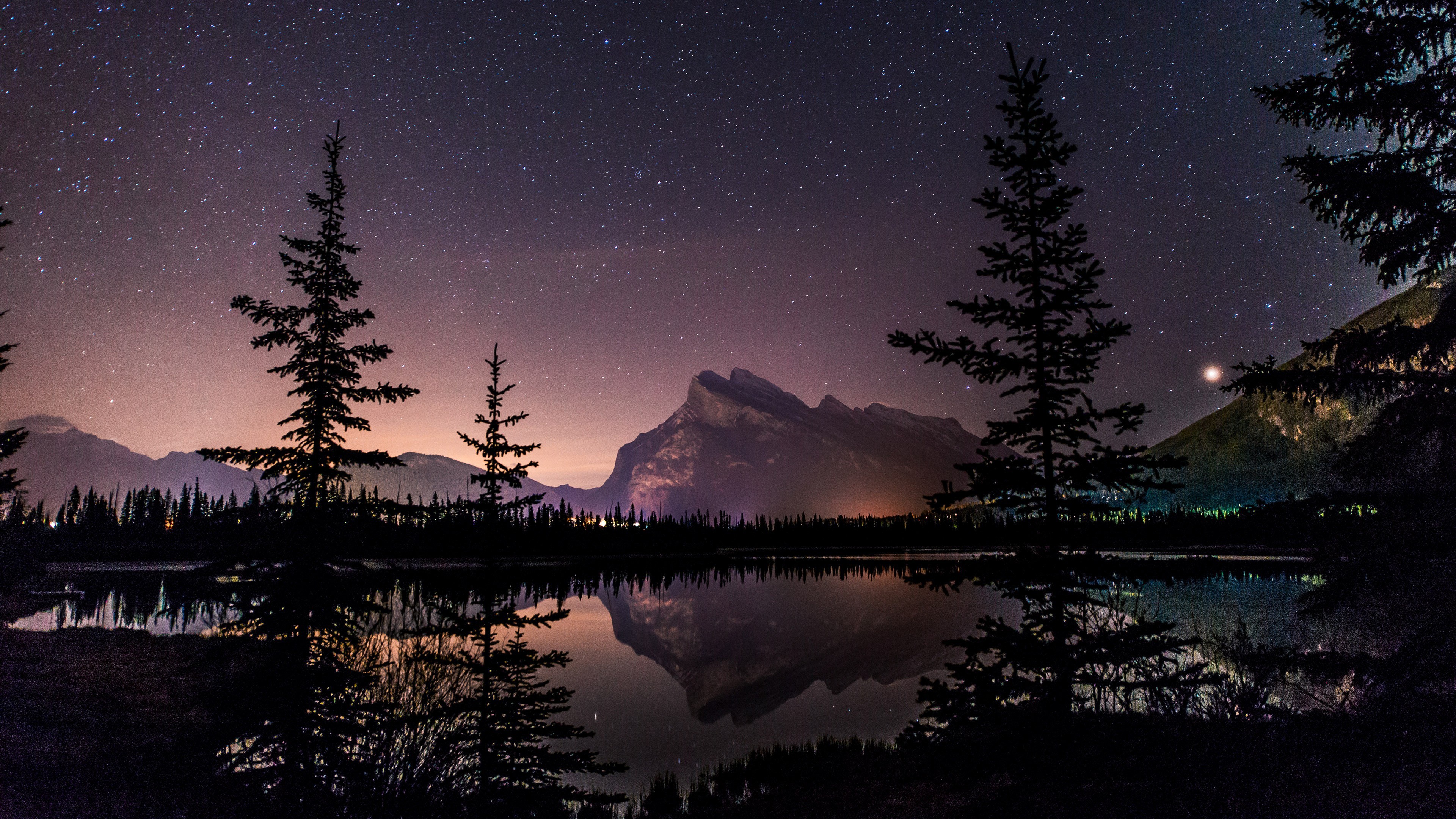Landscape Lake Night Plants Rocky Mountains Canadian Stars Natural Light Reflection Mountains Landsc 3840x2160