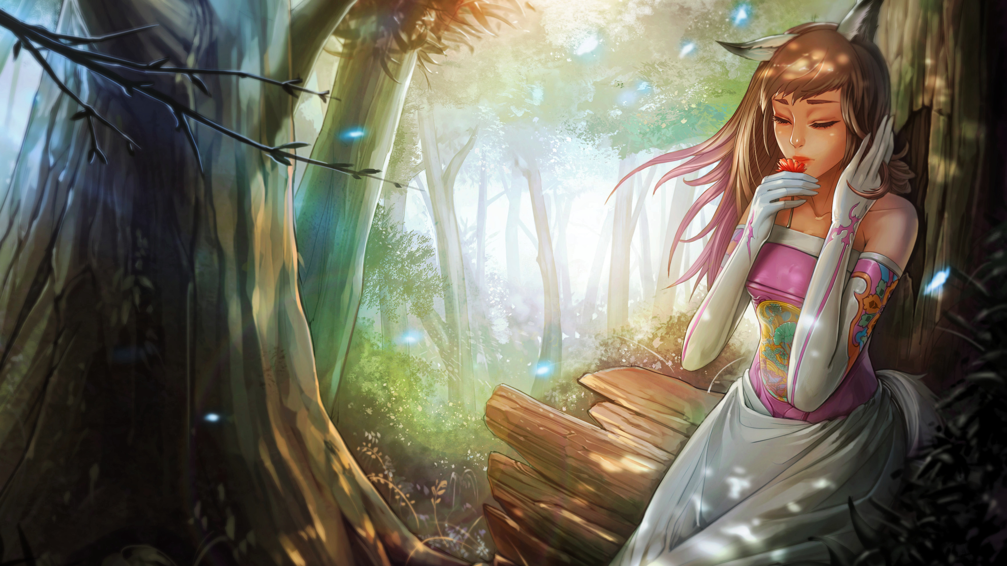 Anime Fantasy Forest Animal Ears Kitsune 3497x1967