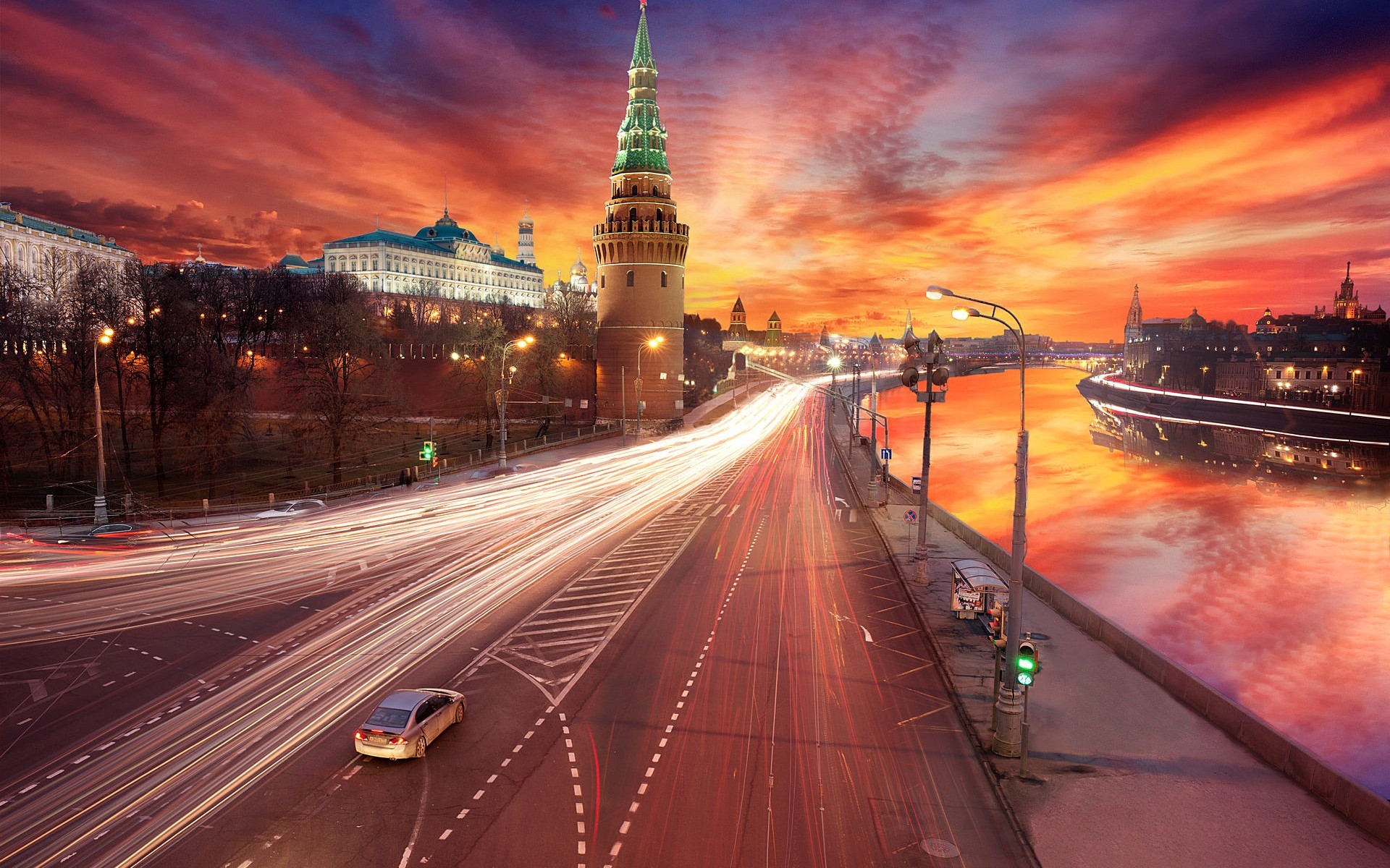 Cityscape Long Exposure Road Sunset Lights River Light Trails Moscow Russia City Cityscape Architect 1920x1200