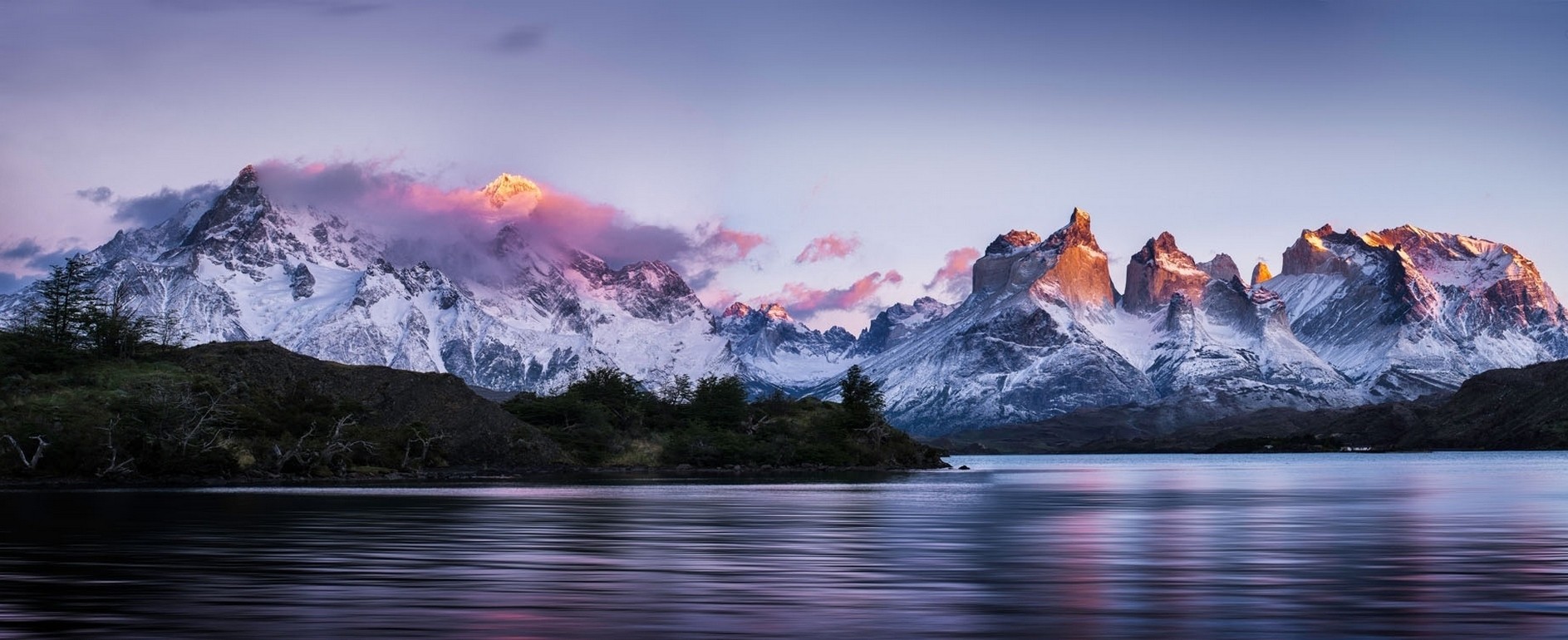 Panoramas Torres Del Paine Patagonia Chile Mountains Lake Snowy Peak Trees Nature Landscape 1887x770