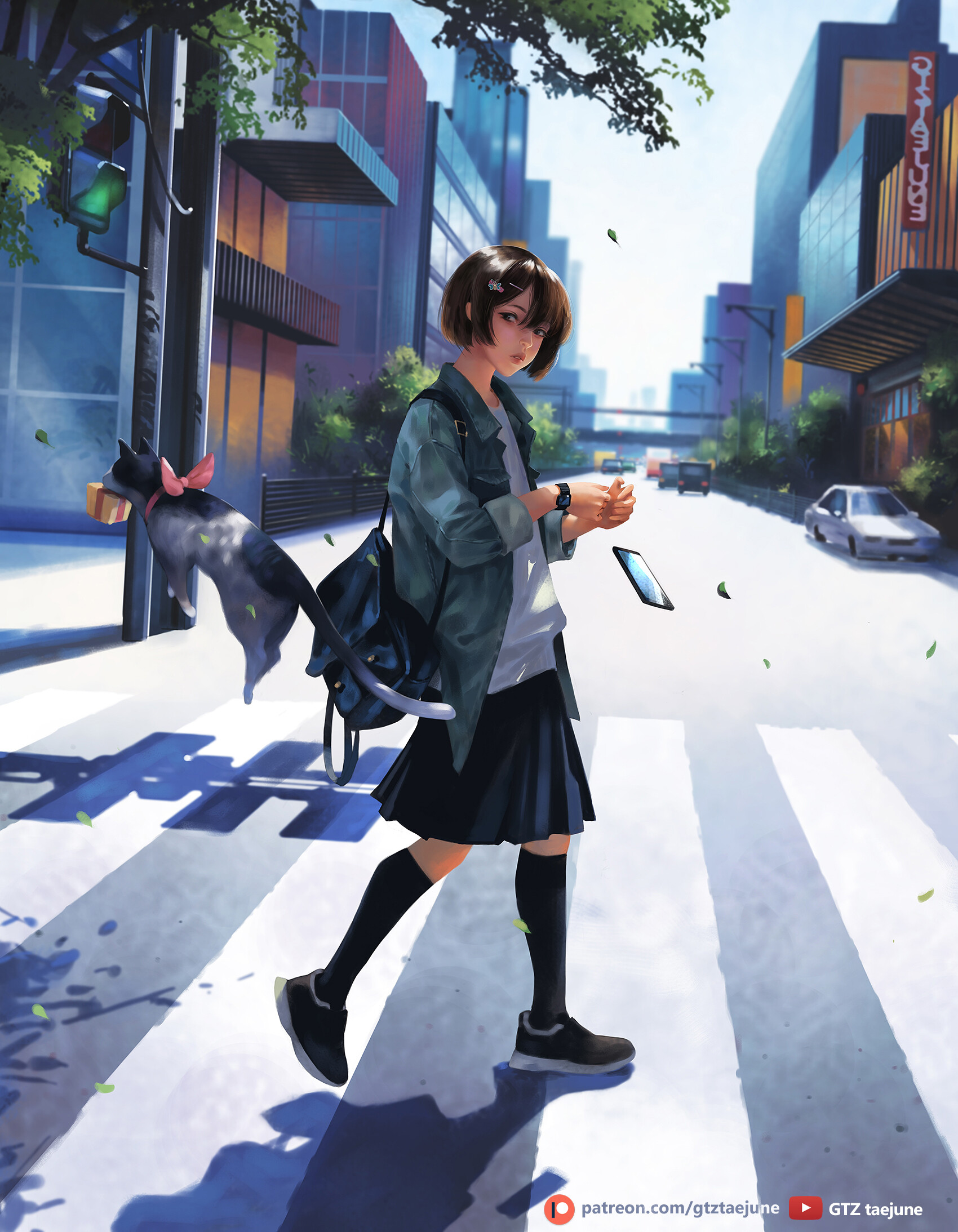 Anime Girls Original Characters Anime Fantasy Art Women Brunette Cats Jacket Skirt Socks Sneakers Ce 1700x2187