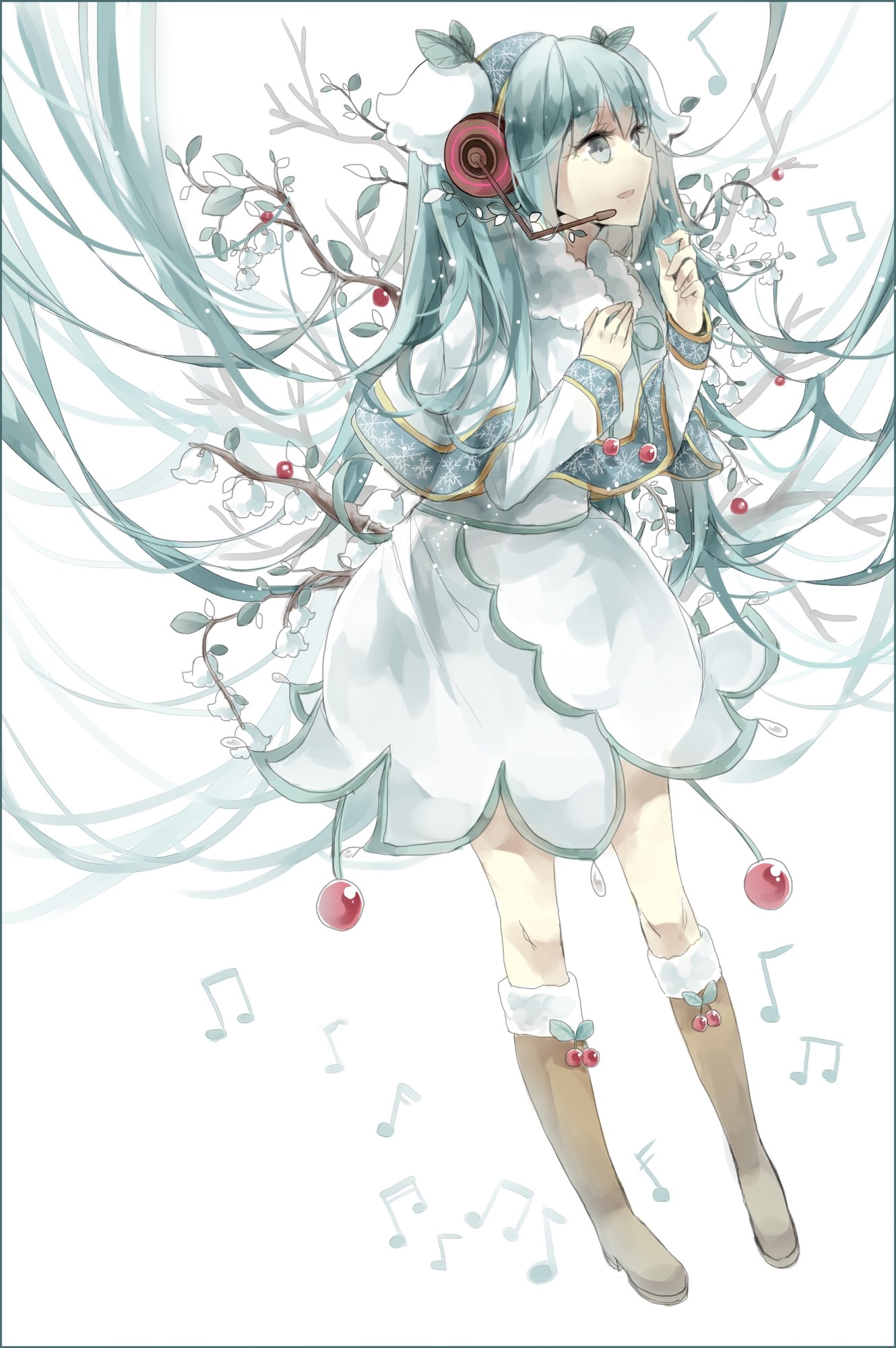 Vocaloid Hatsune Miku Flowers Ribbon Headphones Sheet Branch Musical Notes Twintails Snow Flakes Ani 1330x2000