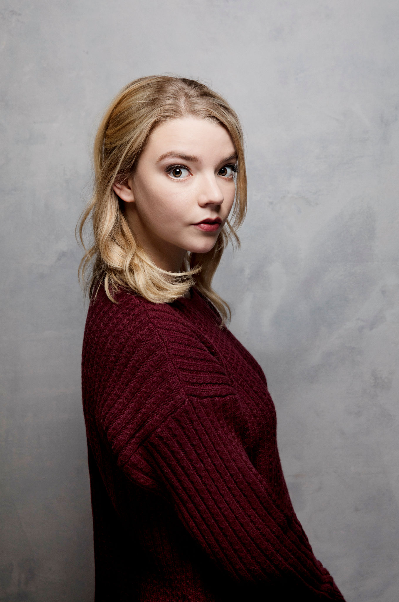 Anya Taylor Joy Women Actress Blonde Sweater Simple Background Looking At Viewer Portrait
