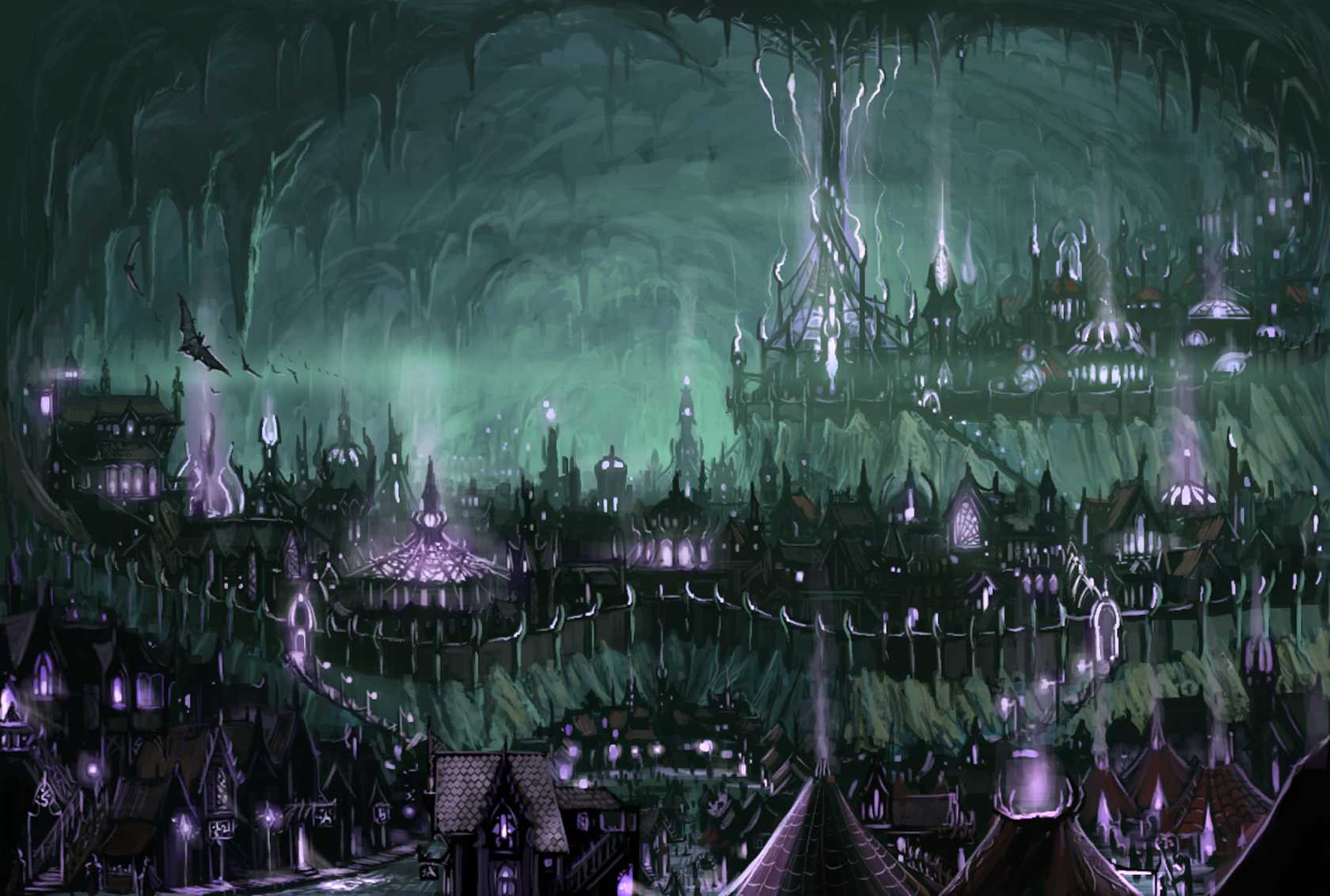 Fantasy Cityscape Underground Magic Bat Cavern Stalagtites 1680x1132