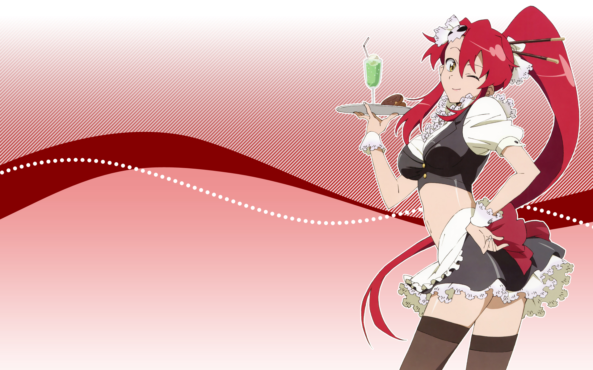 Yoko Littner Anime Tengen Toppa Gurren Lagann Red Hair Maid Skirt Drink Glass Thigh Highs Long Hair  1920x1200