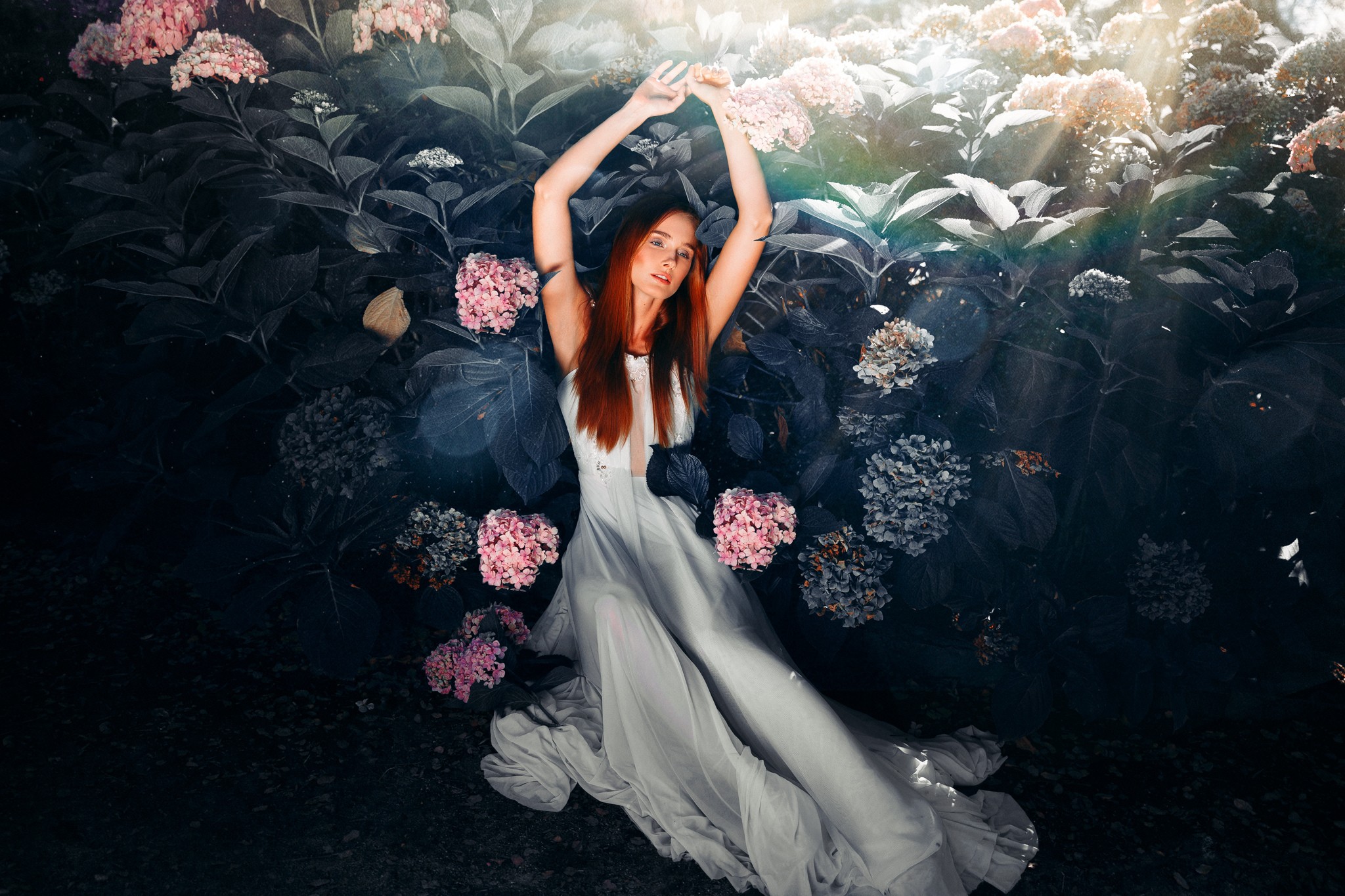 Women Model Ronny Garcia Redhead Long Hair White Dress Brides Wedding Dress Arms Up Flowers 2048x1365