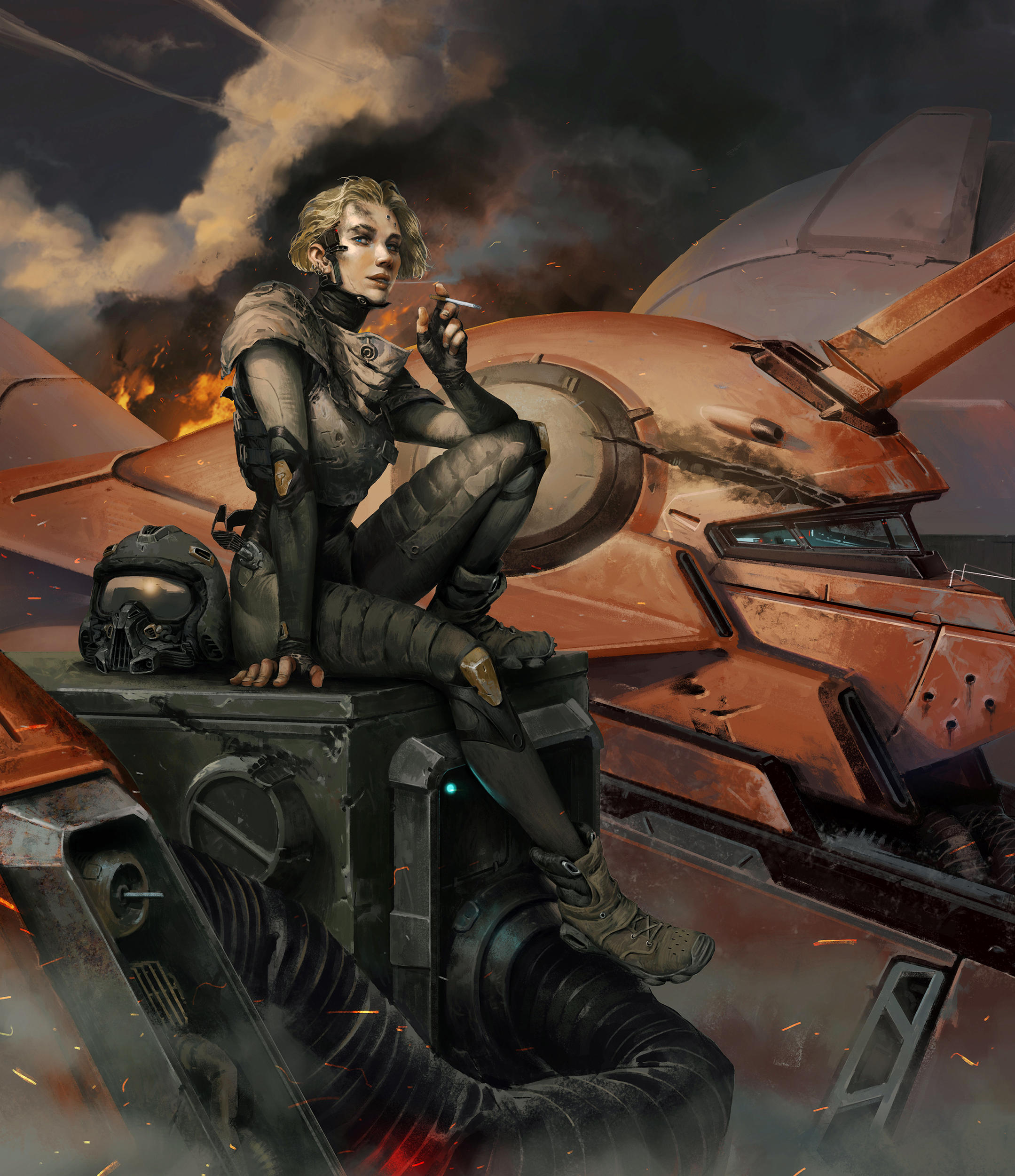 Women Blonde Short Hair Smoking Cigarettes Helmet Pilot Mech Robot Futuristic Artwork Original Chara 2159x2500