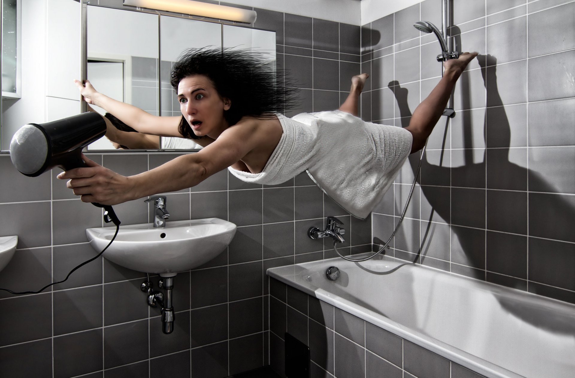 Women Model Brunette Long Hair Bathroom Hair Dryers Photo Manipulation Tiles Humor Towel Floating Mi 1920x1261