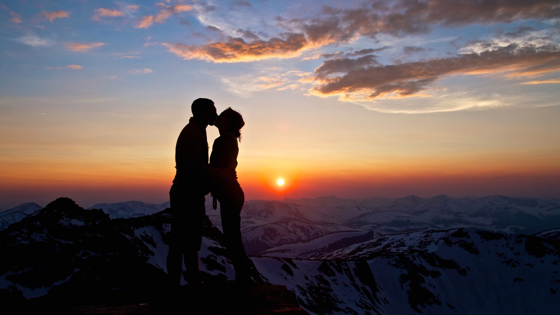 Kissing Couple Lovers Sunrise Silhouette Mountains 1920x1080