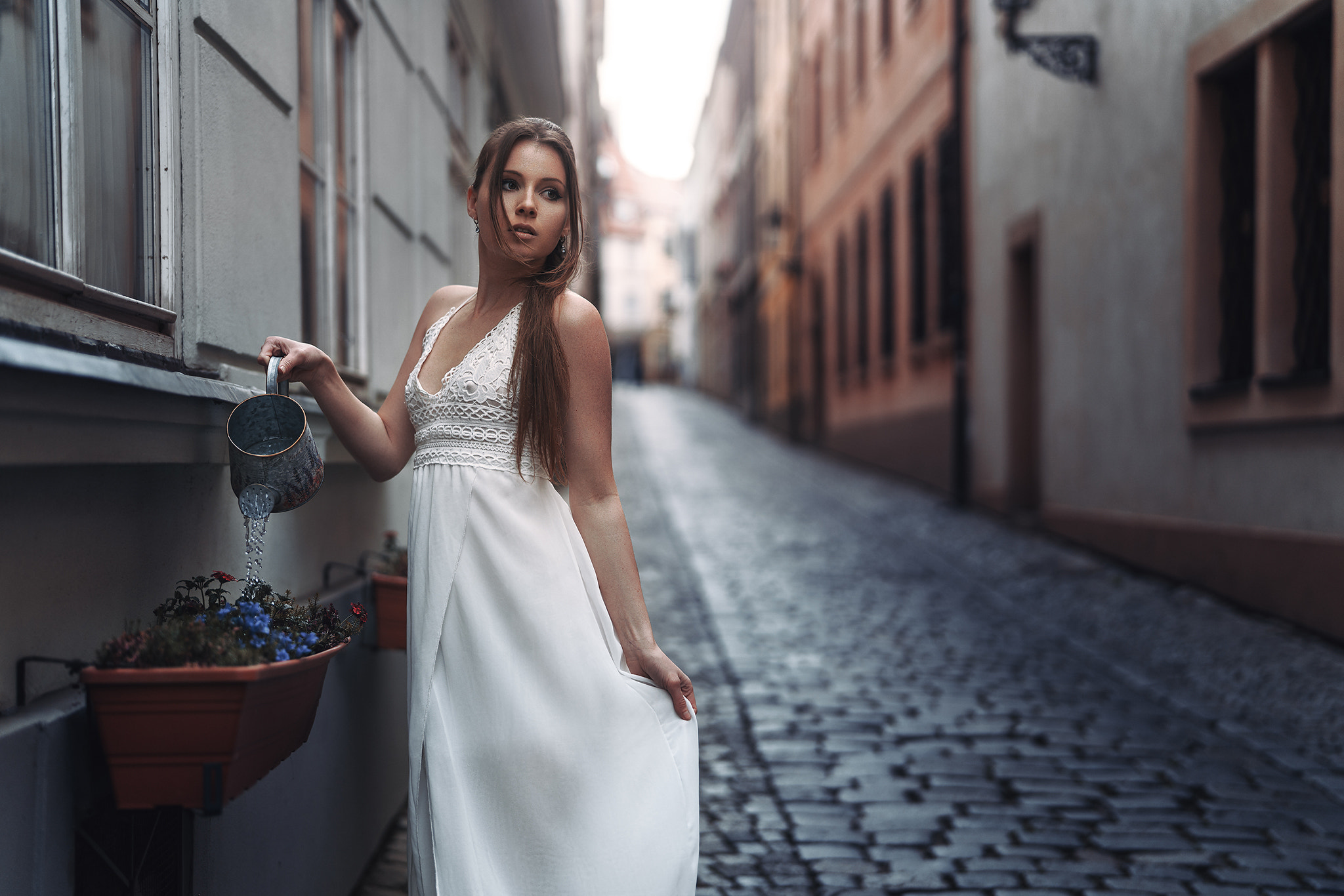 Viktoria Stephanie Stefan Hausler White Dress Flowers Watering Viktoria Kummer 2048x1366