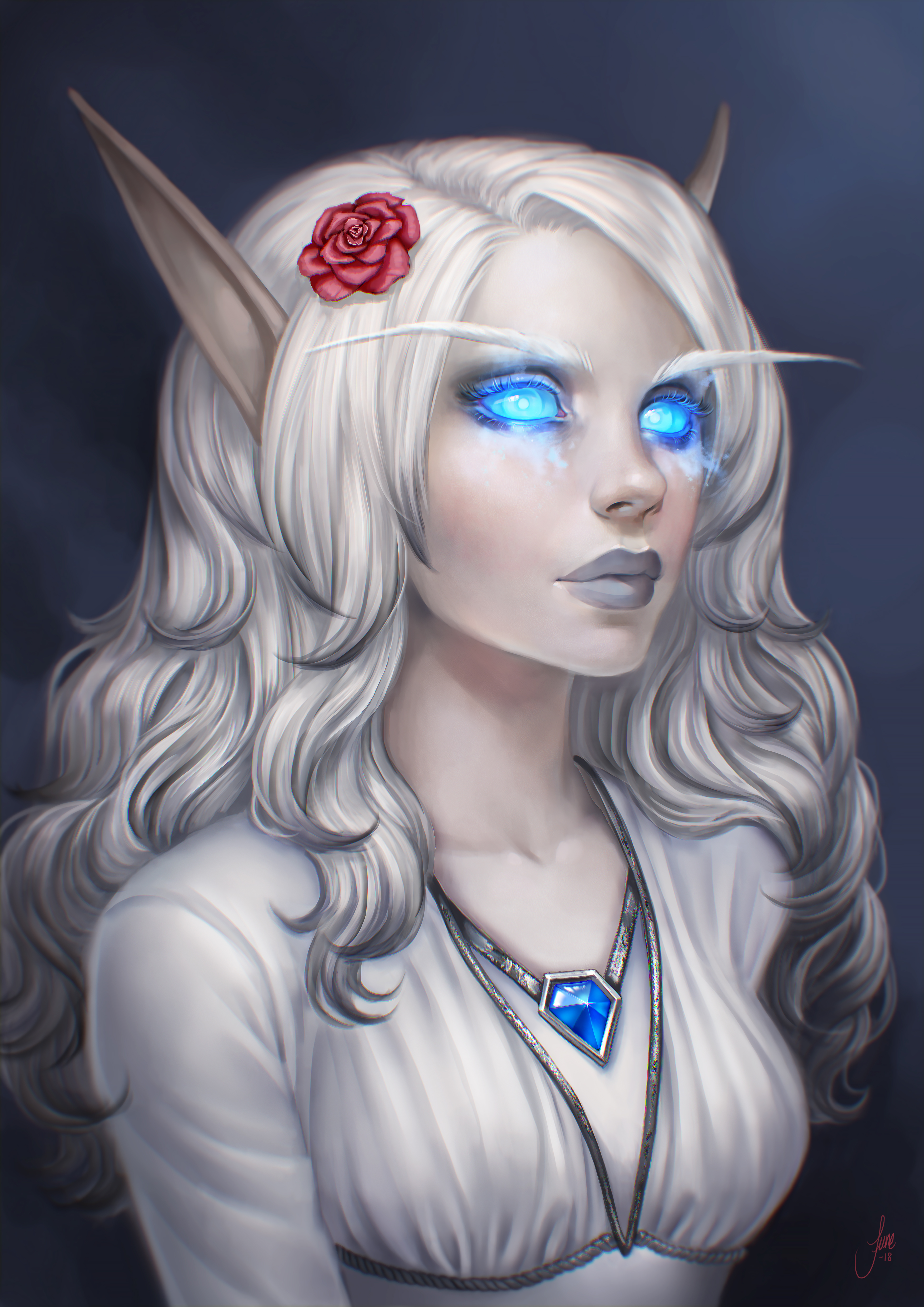 World Of Warcraft Fantasy Girl Blue Eyes Long Hair Fantasy Art PC Gaming Necklace High Elf 3508x4961