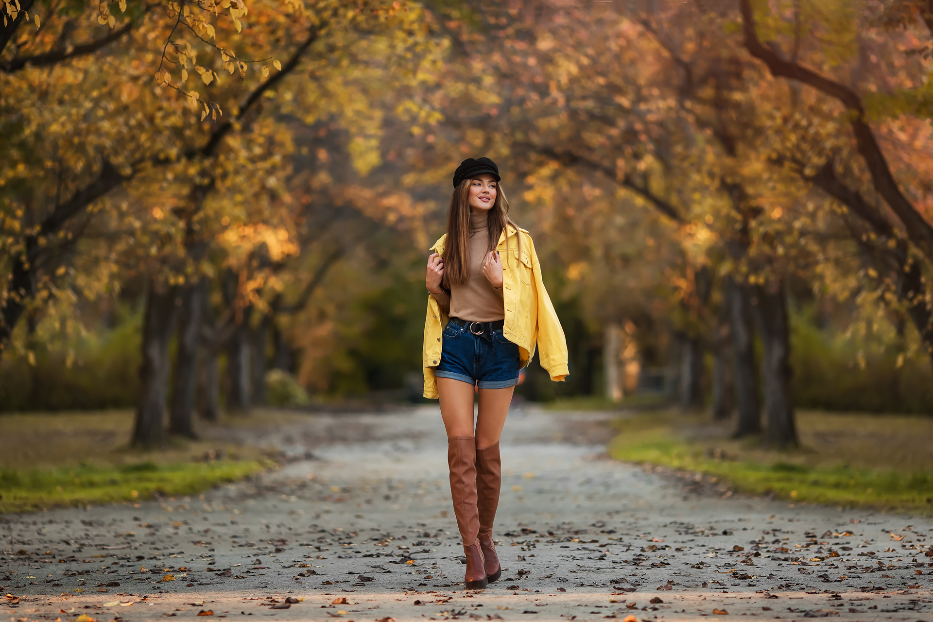 Women Model Brunette Outdoors Berets Looking Away Smiling Turtlenecks Jeans Jacket Yellow Jacket Kne 1920x1280