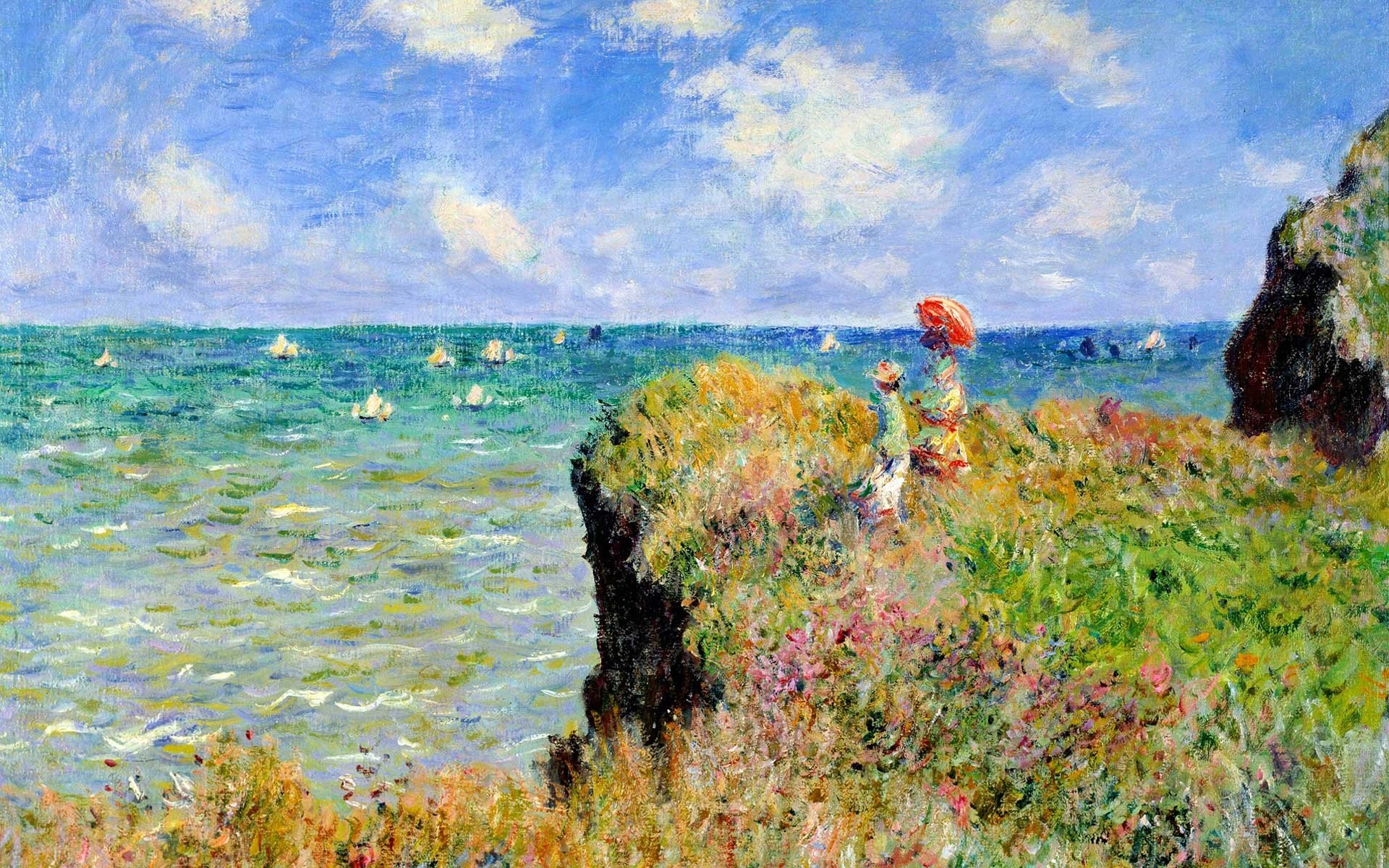 Painting Sea Cliff Claude Monet France Parasol Classic Art 1920x1200