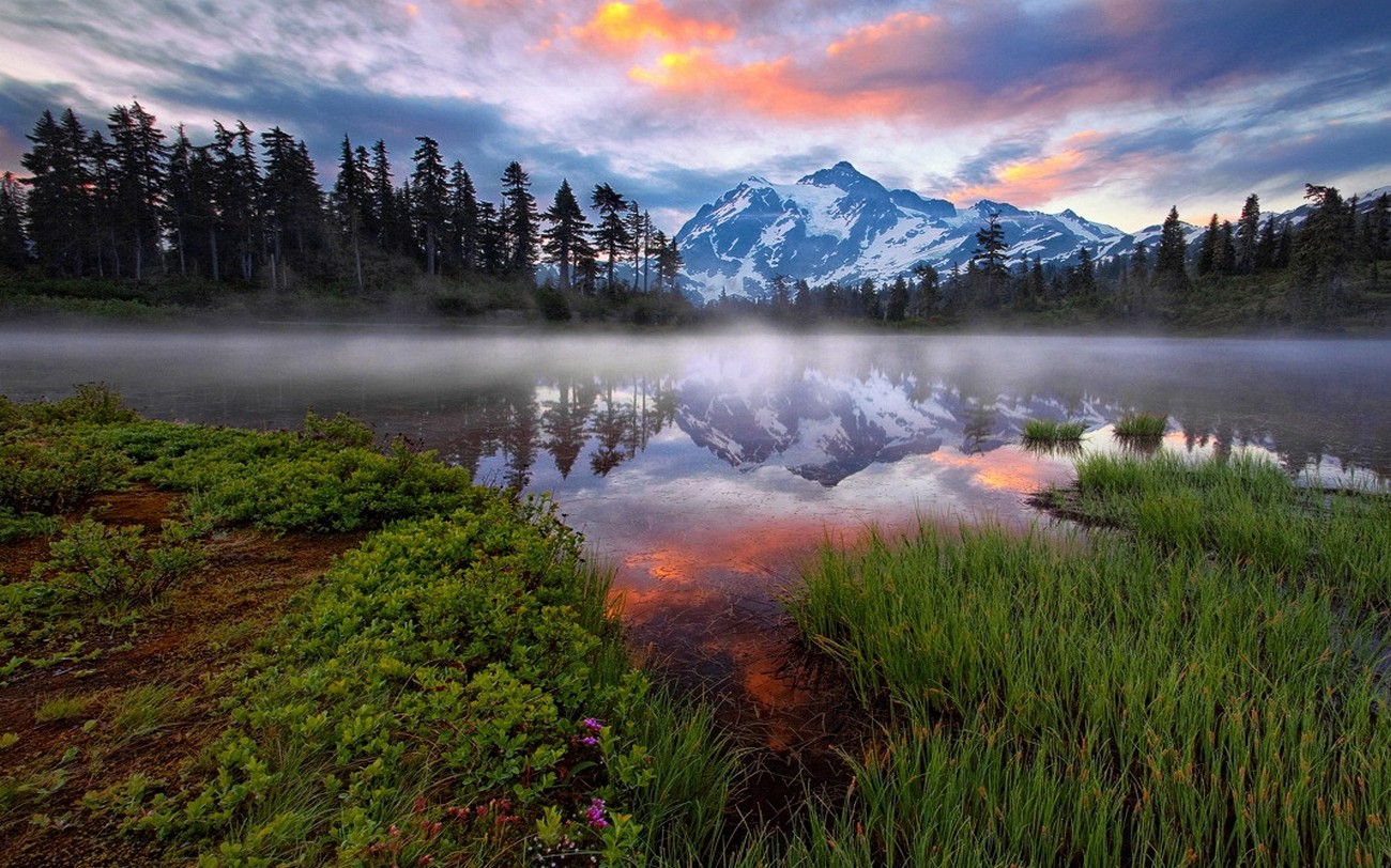 Nature Landscape Mist Mountains Lake Forest Washington State Reflection Snowy Peak Water Clouds 1300x812