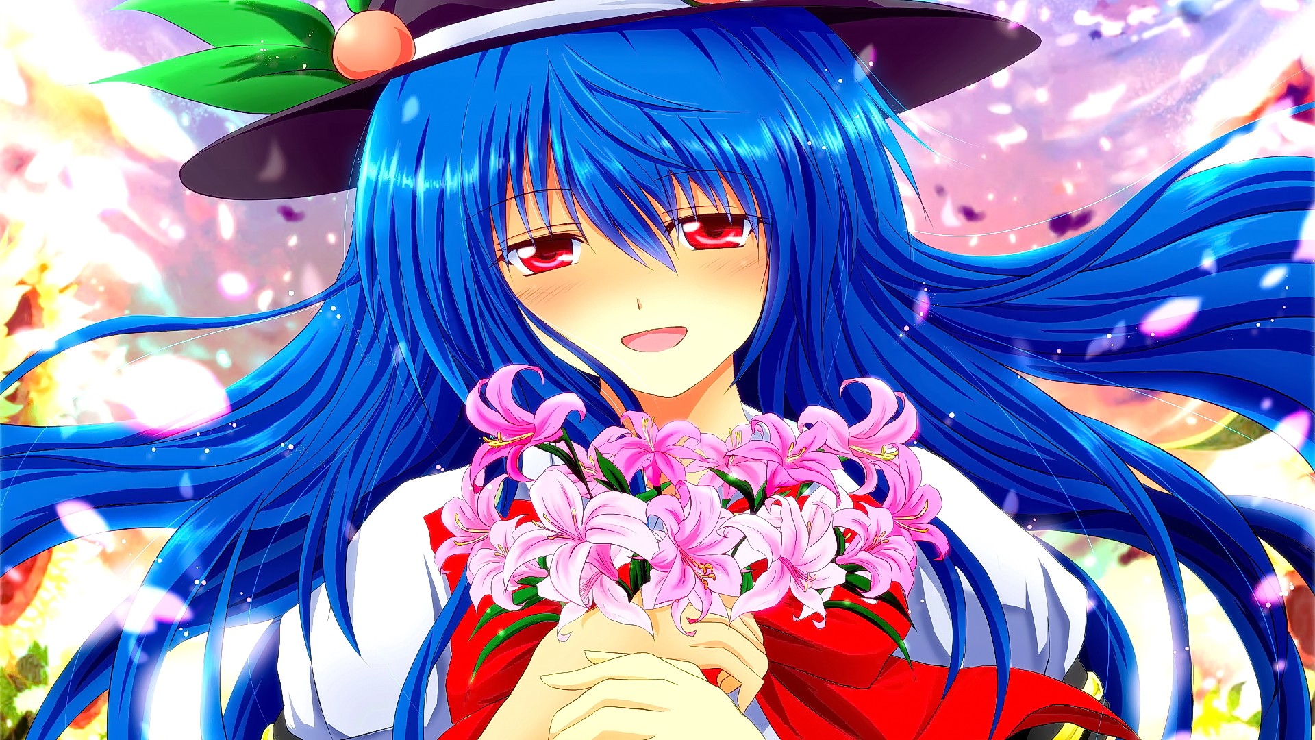 Anime Anime Girls Blue Hair Long Hair Hat Red Eyes Open Mouth Smiling Touhou Hinanawi Tenshi 1920x1080