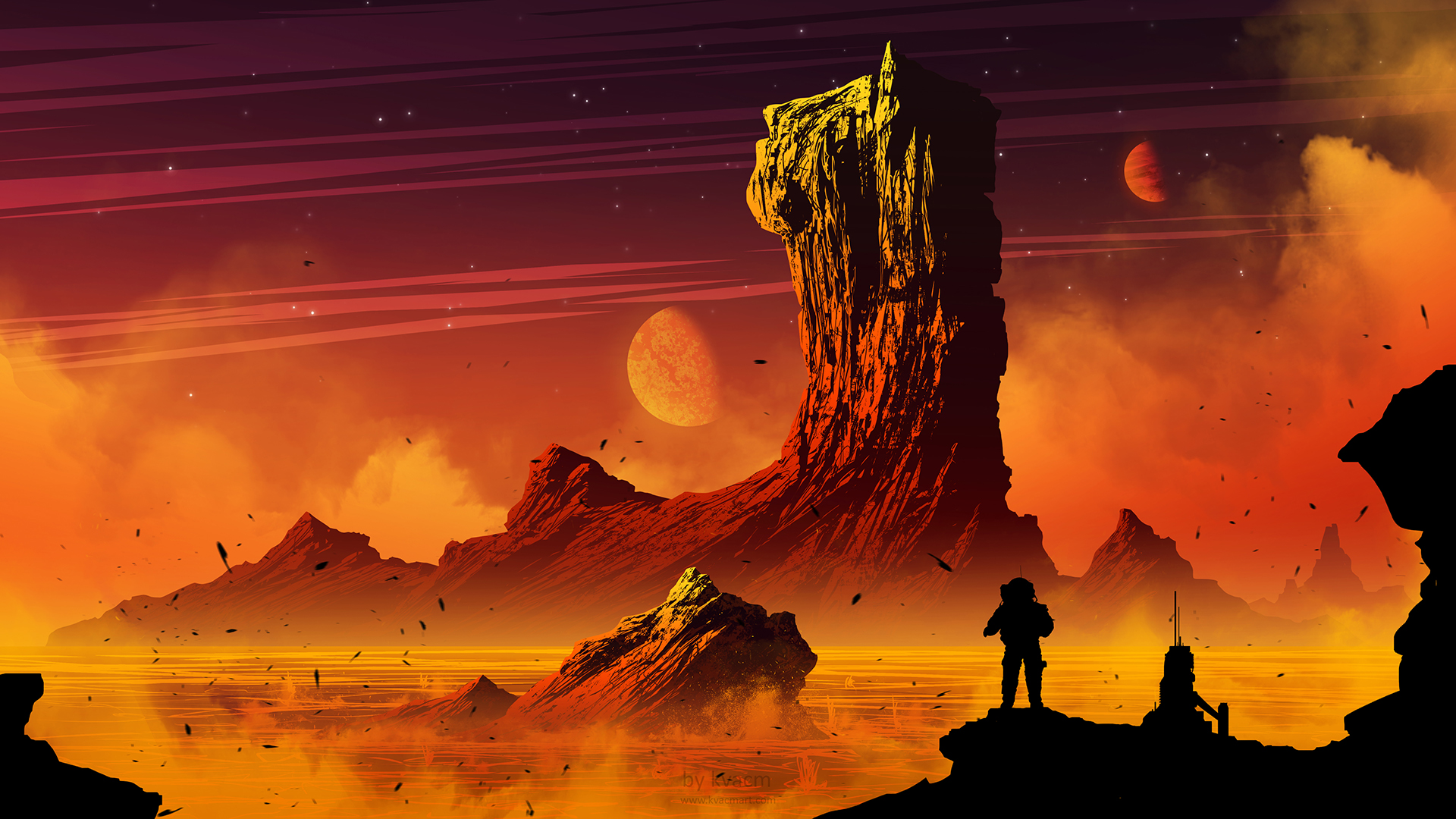 Digital Art Landscape Mountains Space Planet Astronaut Fantasy Art Kvacm Science Fiction Orange 1920x1080