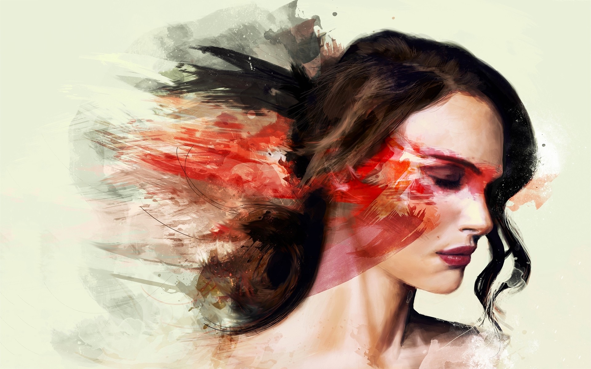 Abstract Painting Black Swan Face White Background Natalie Portman Women Closed Eyes 1920x1200