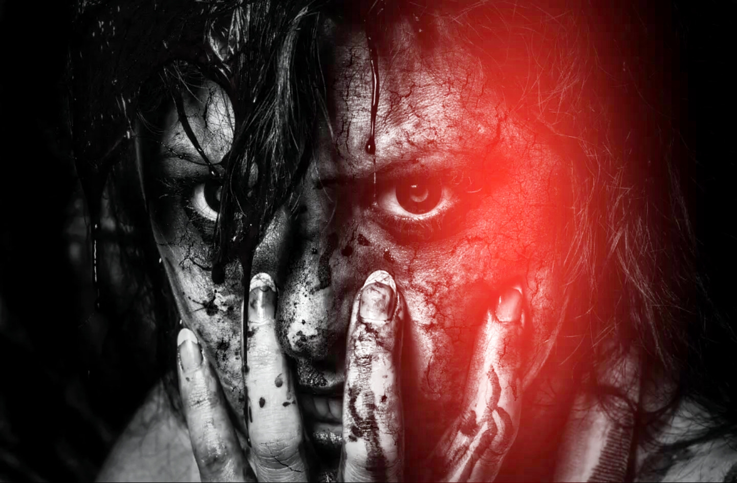 Dark Horror Selective Coloring Women Model 500px Creepy Red Scary Face 1440x943