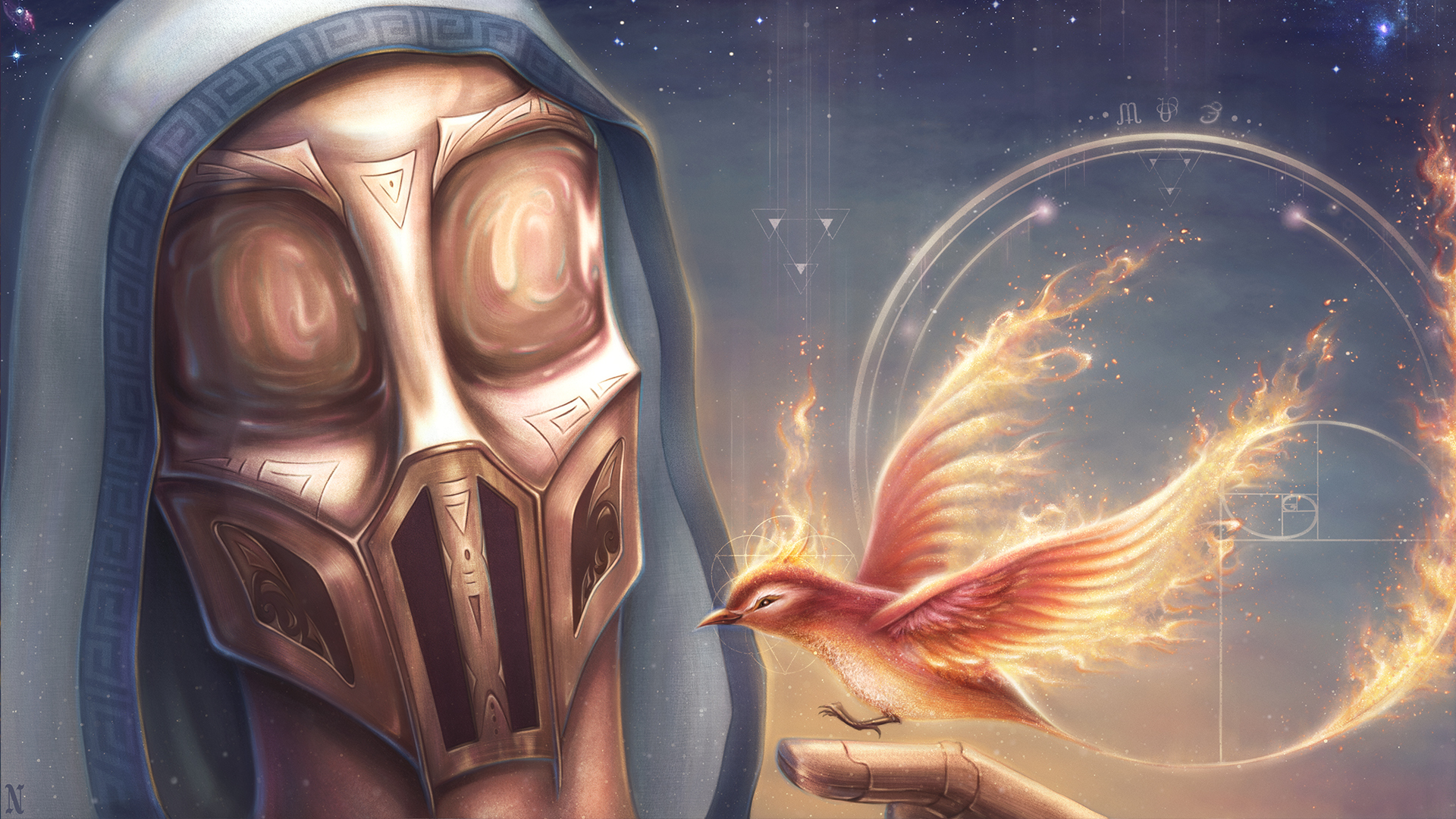 Mask Mythology Alchemy Fantasy Art Character Design Magic Phoenix Fire Sickick Music Fan Art 1920x1080