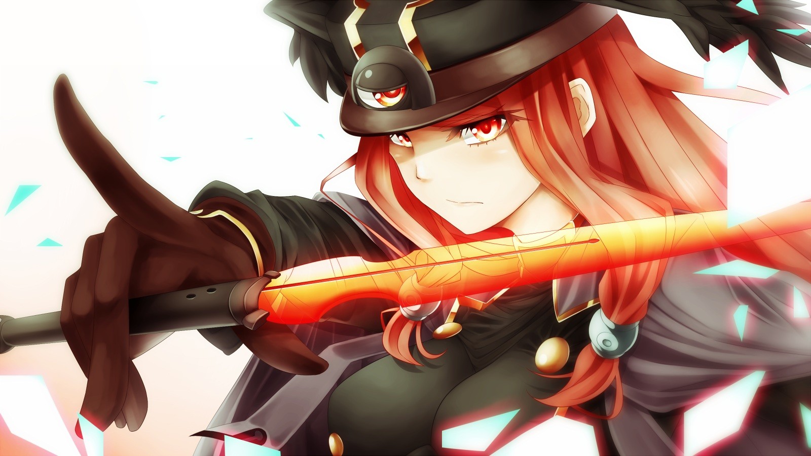 Anime Anime Girls Video Games Blazblue Tsubaki Yayoi Gloves Hat Long Hair Red Eyes Short Sword Readh 1600x900