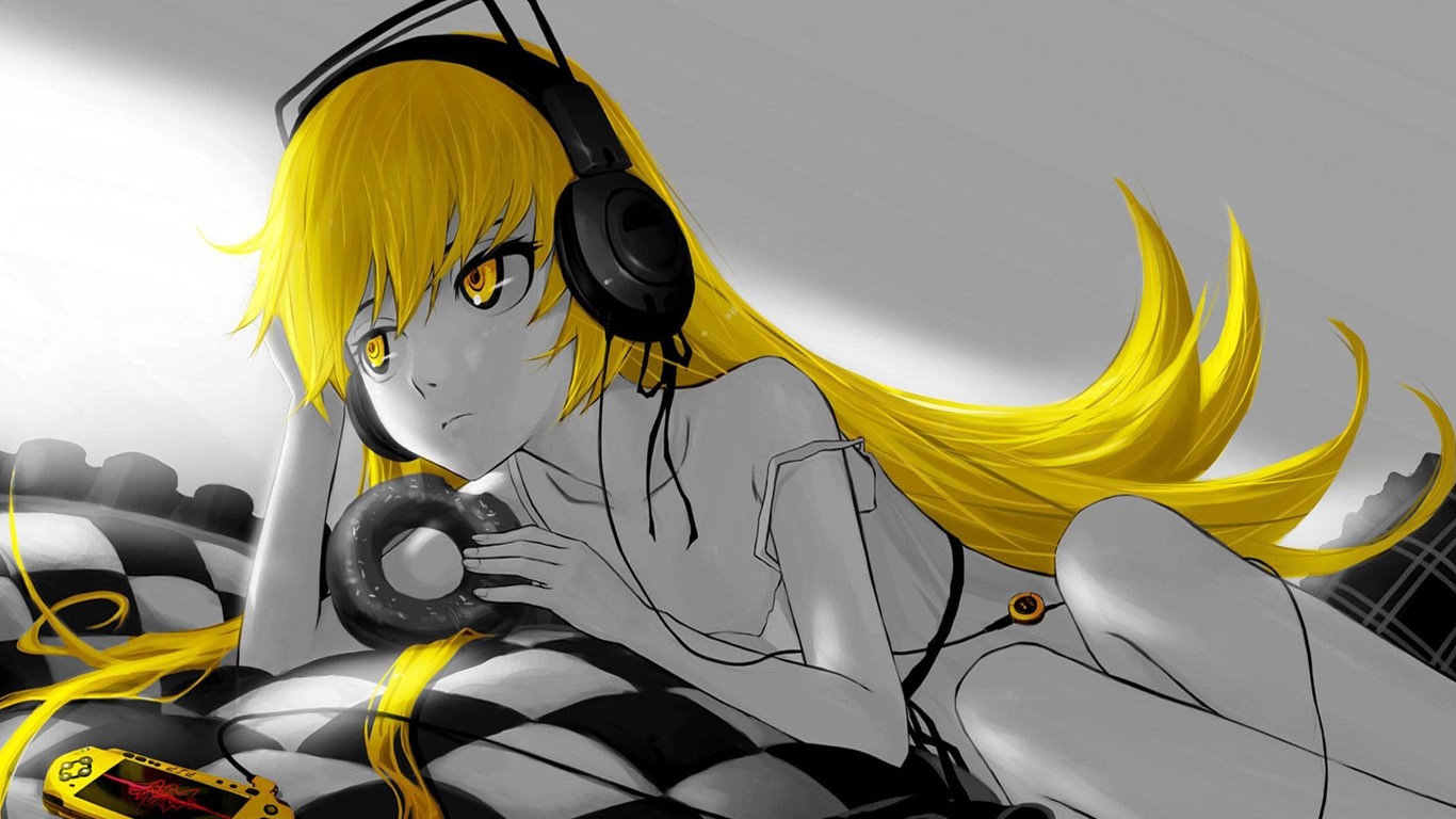 Anime Monogatari Series Oshino Shinobu Blonde Yellow Eyes Headphones PSP Selective Coloring As109 1366x768