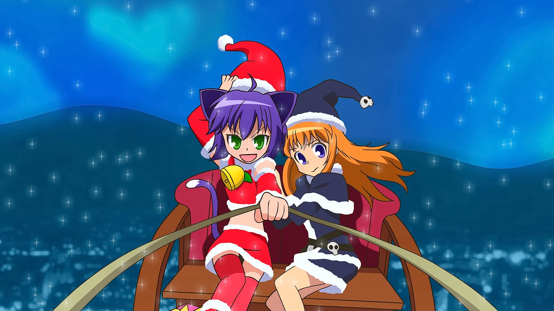 Anime Anime Girls Christmas Hat Smiling Open Mouth Green Eyes Blue Eyes Mountains Sky Purple Hair Bl 1920x1080