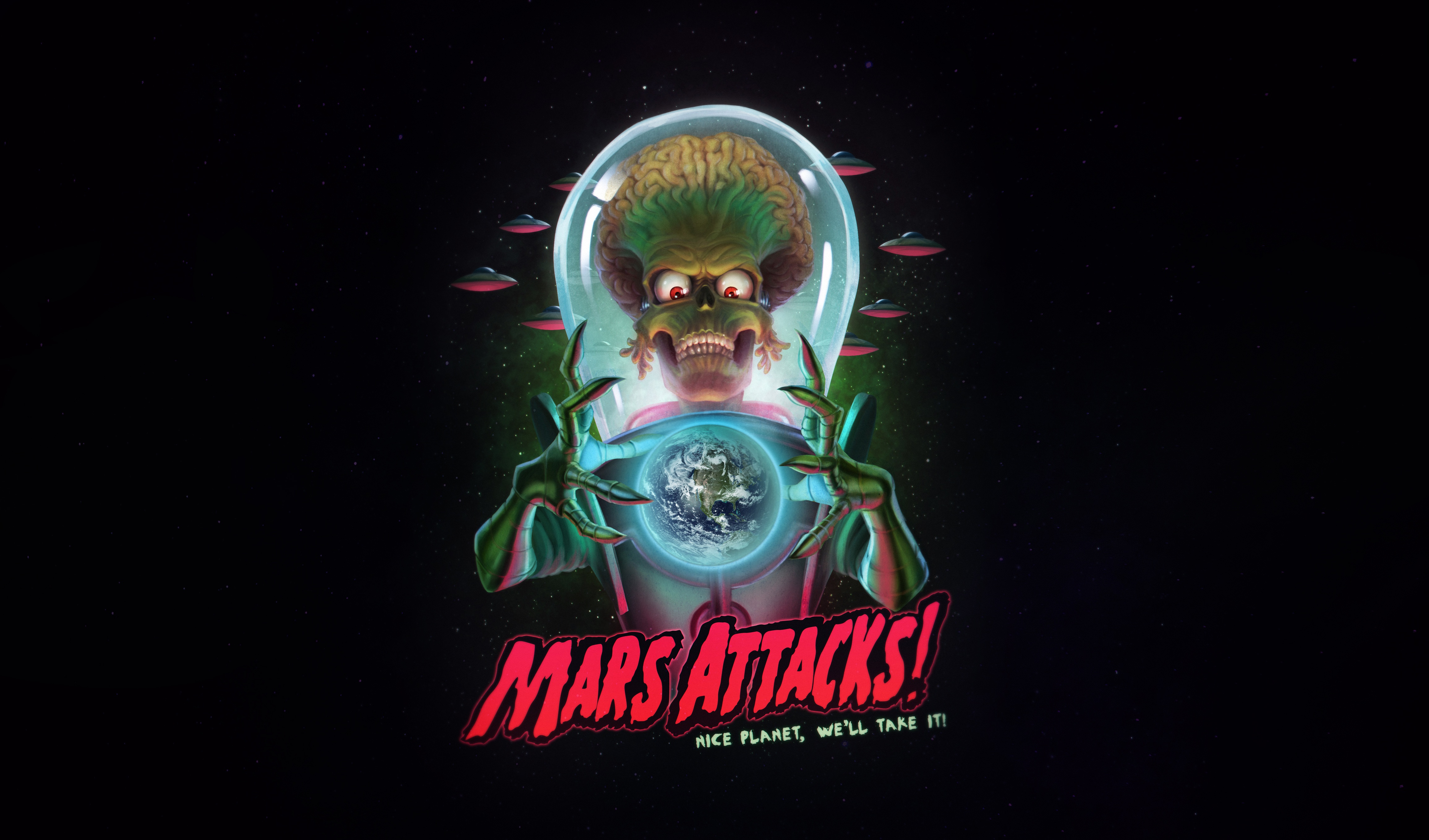 Movies Mars Attacks Humor Science Fiction Skull UFO 1996 Year 4620x2716