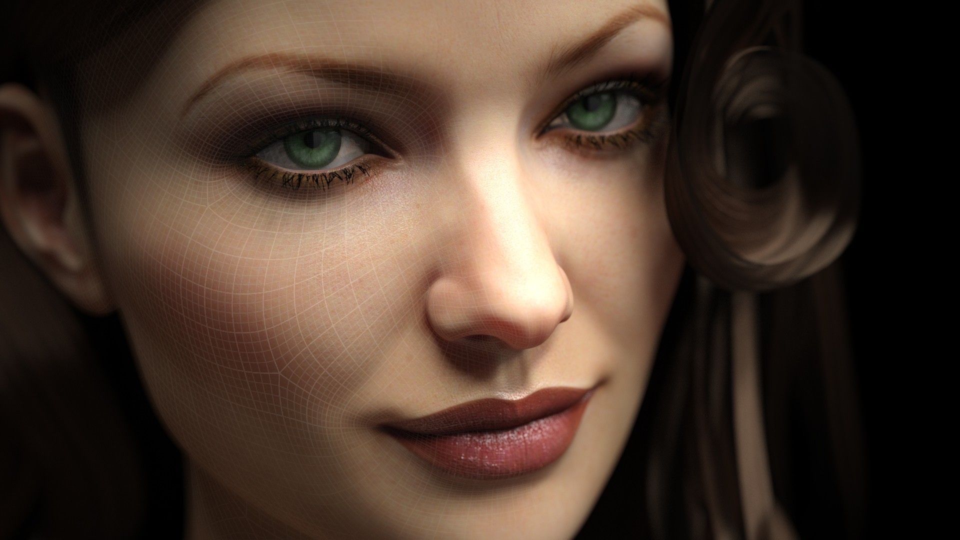 Women Digital Art Portrait Face CGi 3D Looking At Viewer Green Eyes Black Background Nets Square Ren 1920x1080