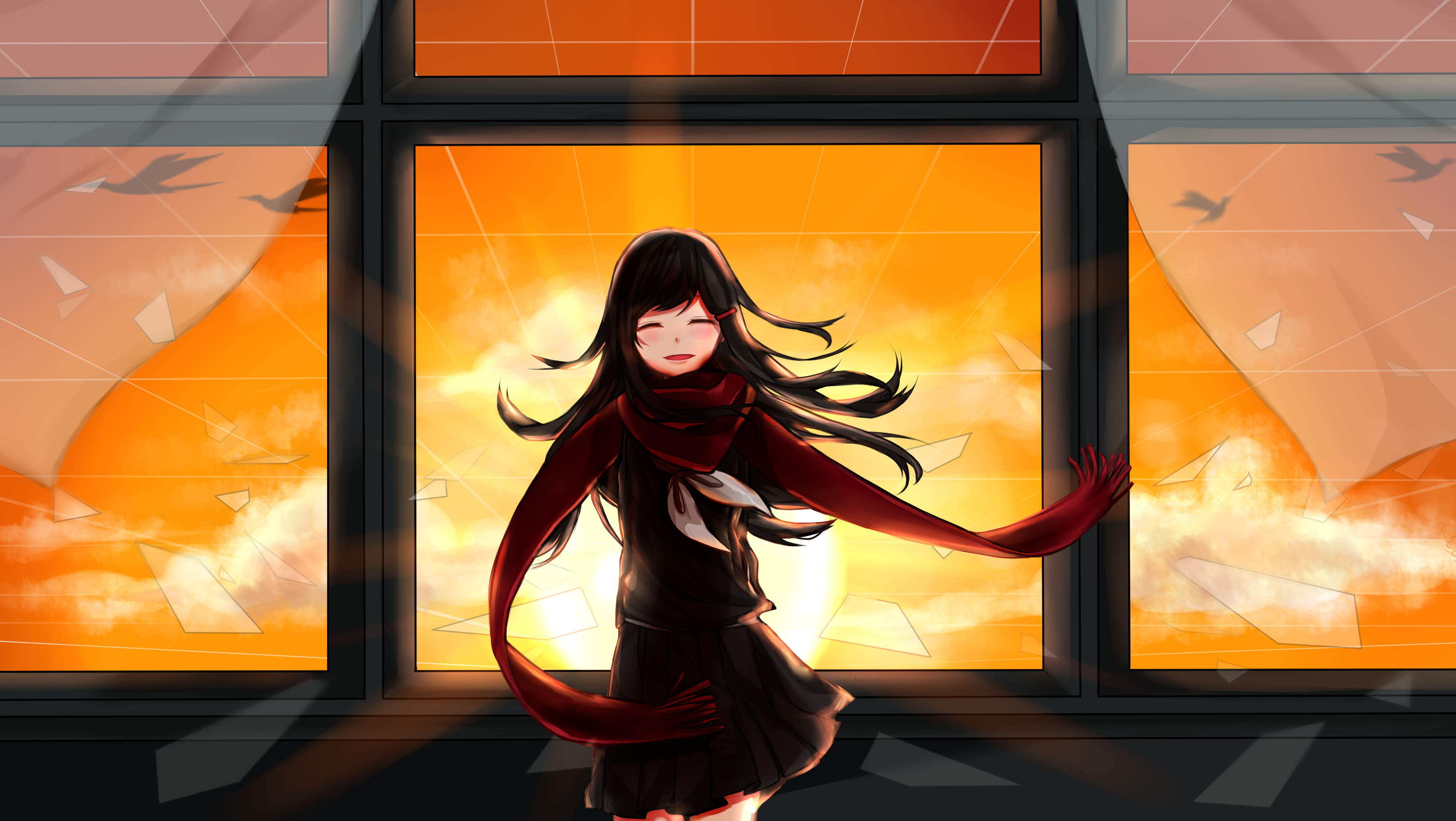 Tateyama Ayano Anime Anime Girls Kagerou Project Sunset Long Hair Black Hair Birds 3500x1975