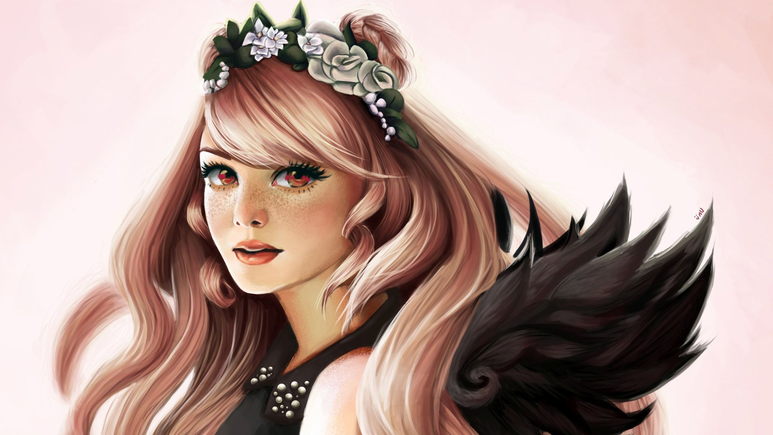 Fantasy Girl Woman Face Flower Wreath Red Eyes Freckles 2560x1440