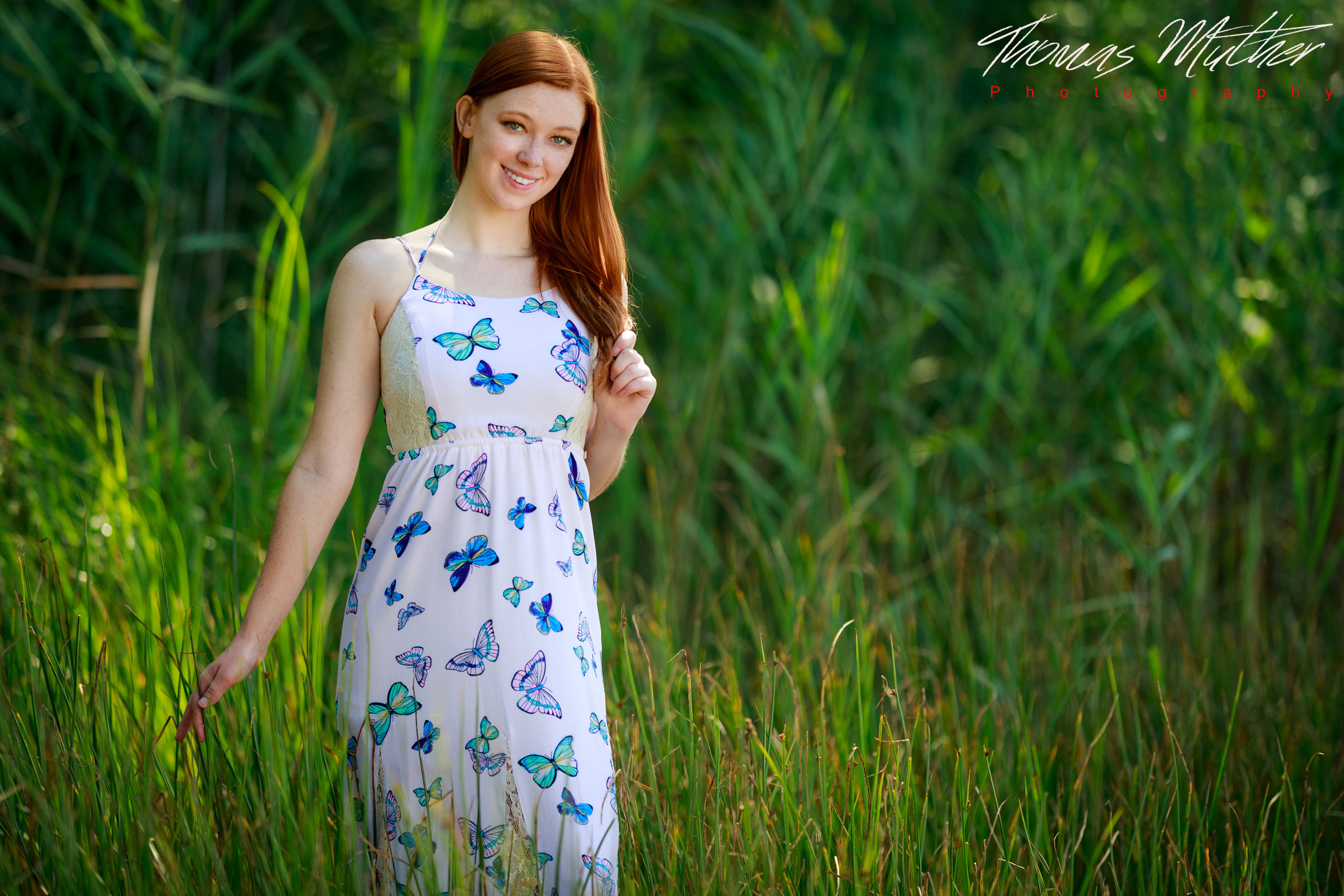 Megan DeLuca Model Women Outdoors Redhead Freckles Dress Smiling Butterfly Grass Depth Of Field Touc 2500x1667