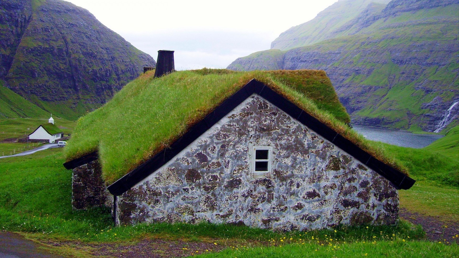 Nature Landscape House Green Grass Mountains Water Faroe Islands Old Building Rooftops Waterfall Clo 1920x1080