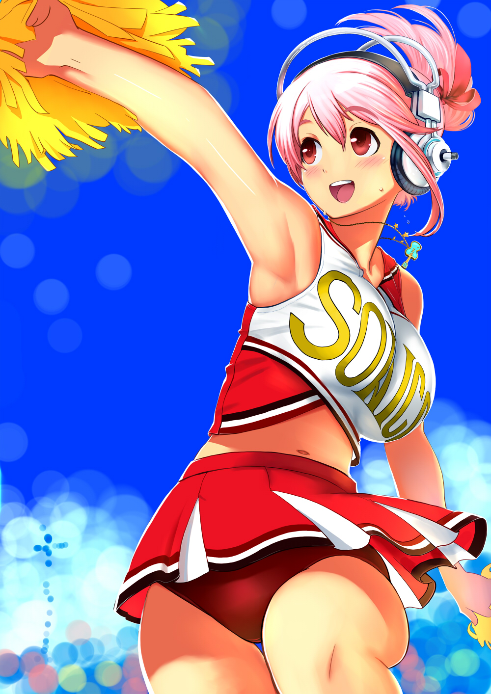 Microphone Cheerleaders Anime Girls Anime Headphones Pompon Red Eyes Open Mouth Pink Hair 1000x1414
