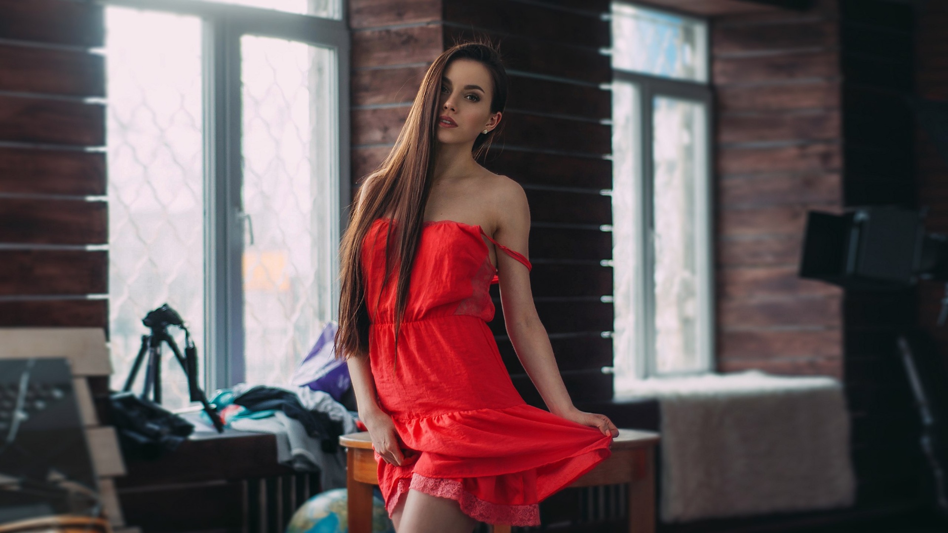Sasha Rusko Model Women Brunette Long Hair Straight Hair Dress Red Dress Bare Shoulders Hair In Face 1921x1080