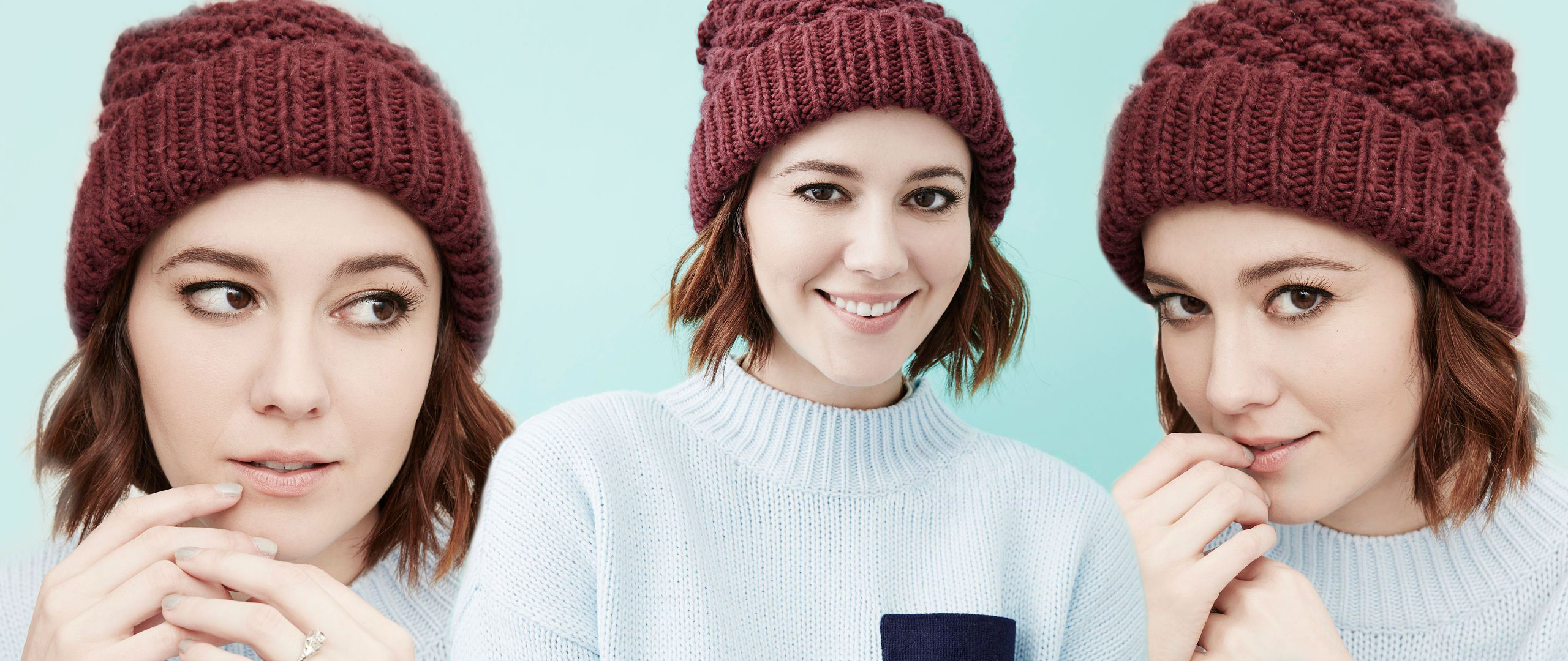 Mary Elizabeth Winstead Ultrawide Collage Hat Smiling Knit Hat Brown Eyes Auburn Hair Short Hair 2560x1080