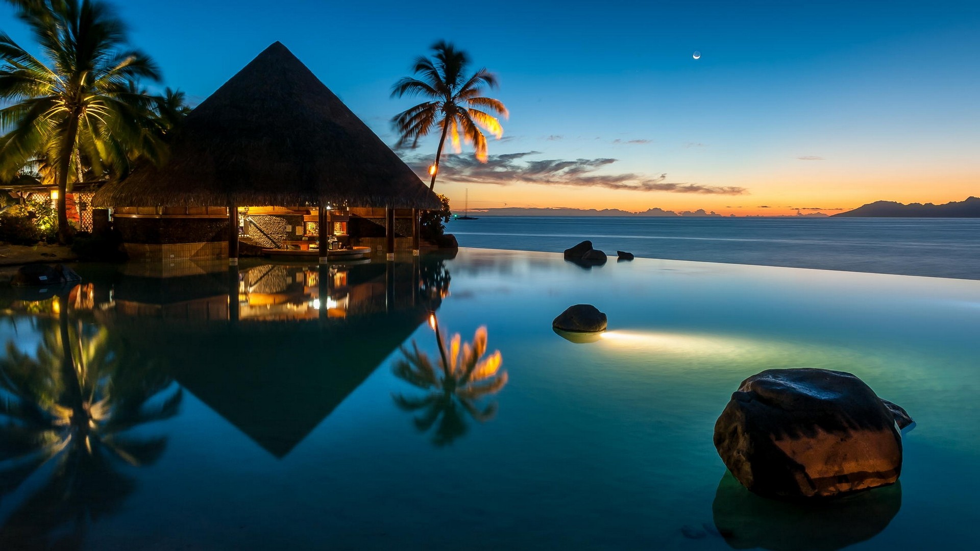 Nature Landscape French Polynesia Swimming Pool Resort Sunset Palm Trees Bar Lights Sea Beach Reflec 1920x1080