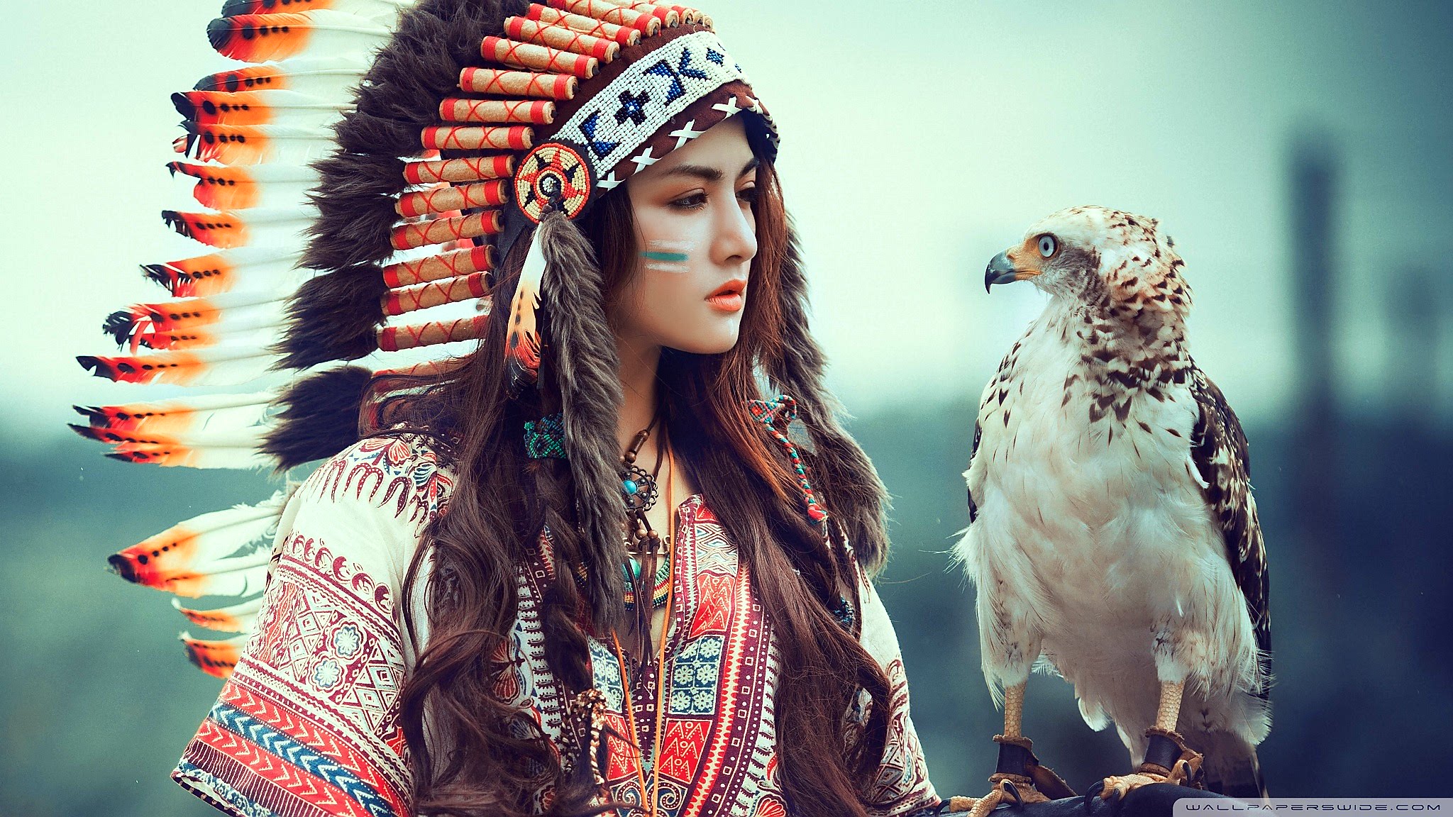 Women Cosplay Animals Native American Clothing Birds Bird Of Prey Makeup Model 2048x1152