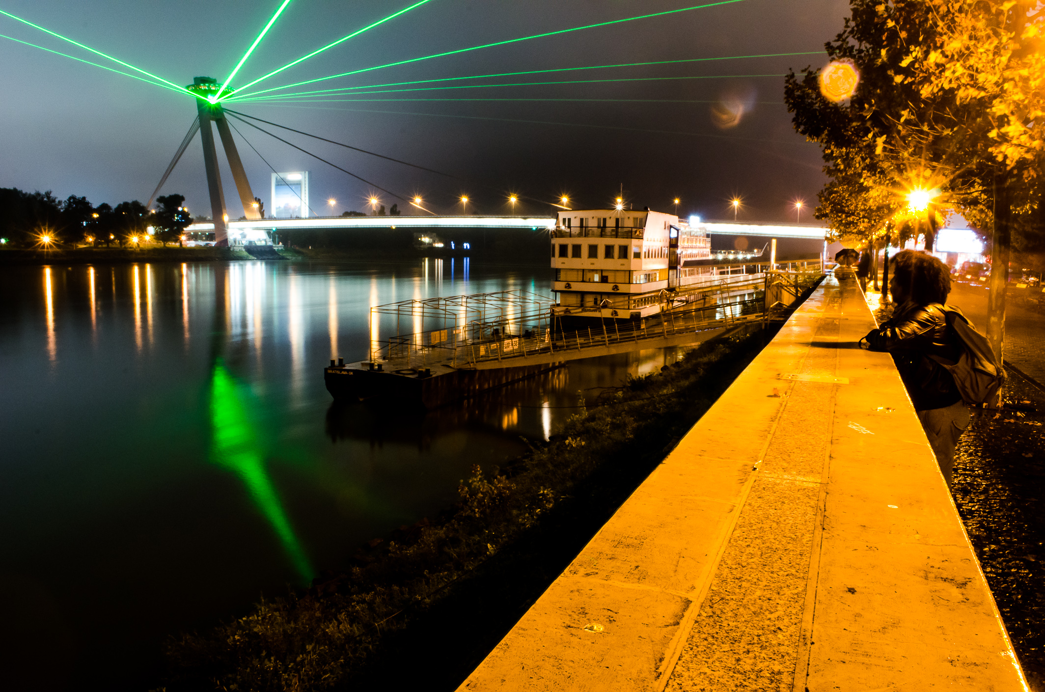 Bratislava Slovakia City Night Lights Architecture Bridge River Donau Ship People Reflection Lens Fl 2128x1409