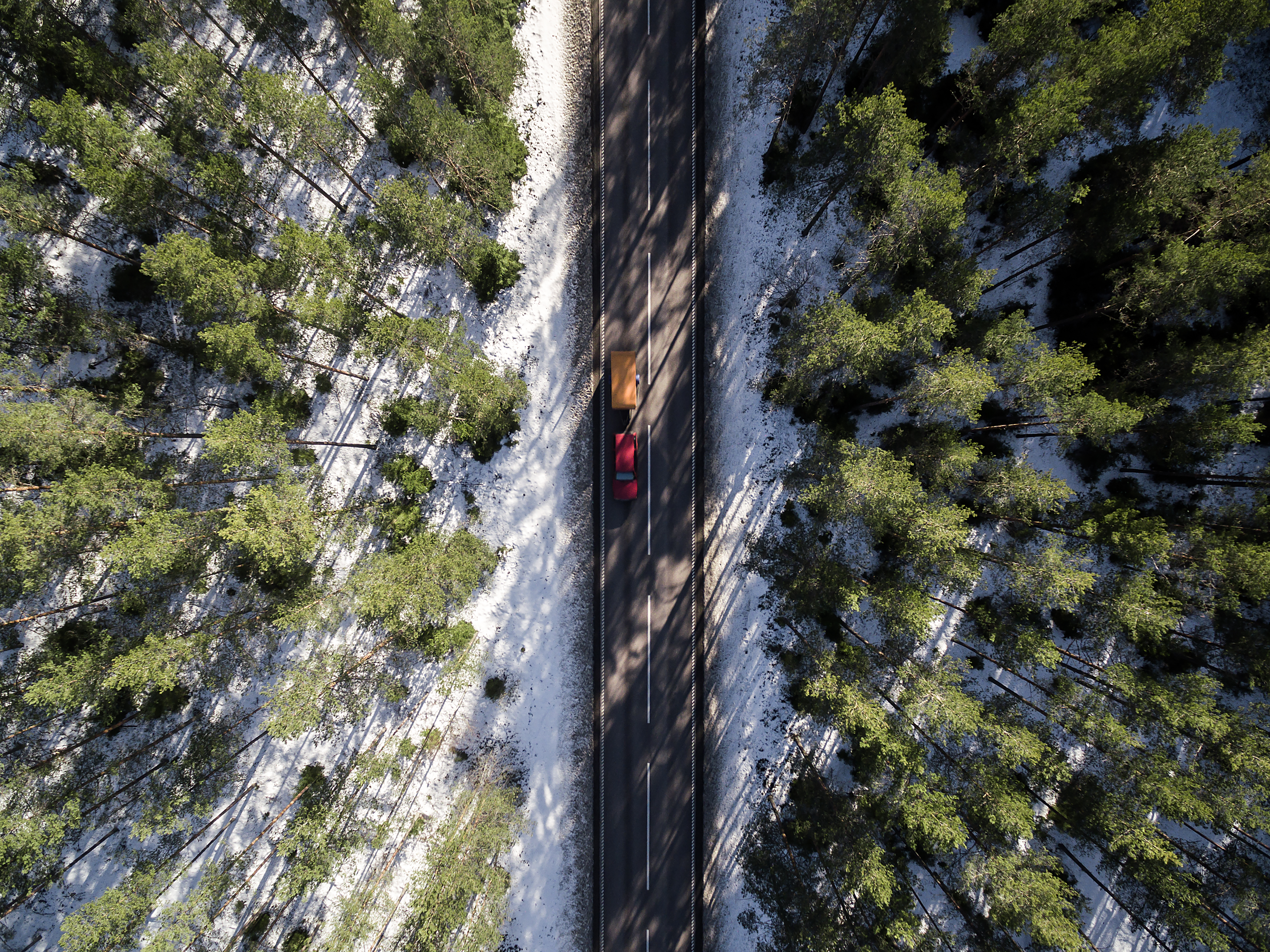 Road Trees Snow Hindcarriage Car Drone Photo Aerial View Forest Sunlight 5464x4096