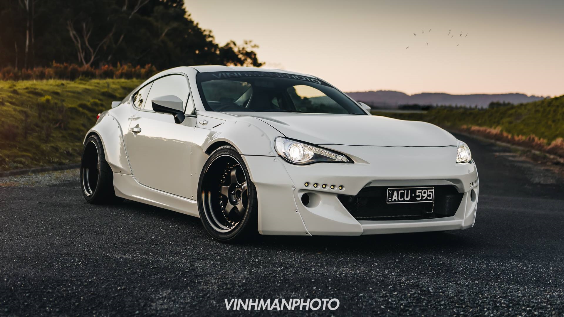 Toyota GT 86 JDM Japanese Cars Toyota Tuning Rocket Bunny Toyobaru Front Angle View White Cars Sport 1920x1080