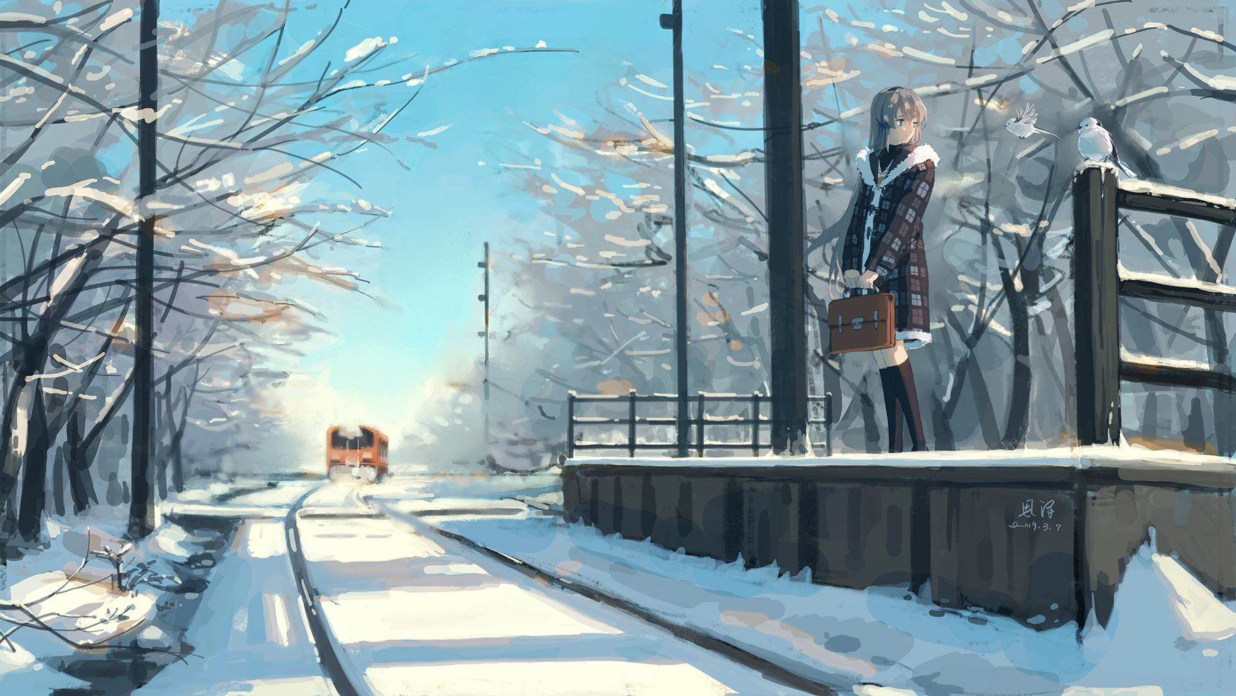 Clannad Anime Girls 2D School Uniform JK Long Hair Grey Hair Blue Eyes Sakagami Tomoyo Snow Train St 1777x1000