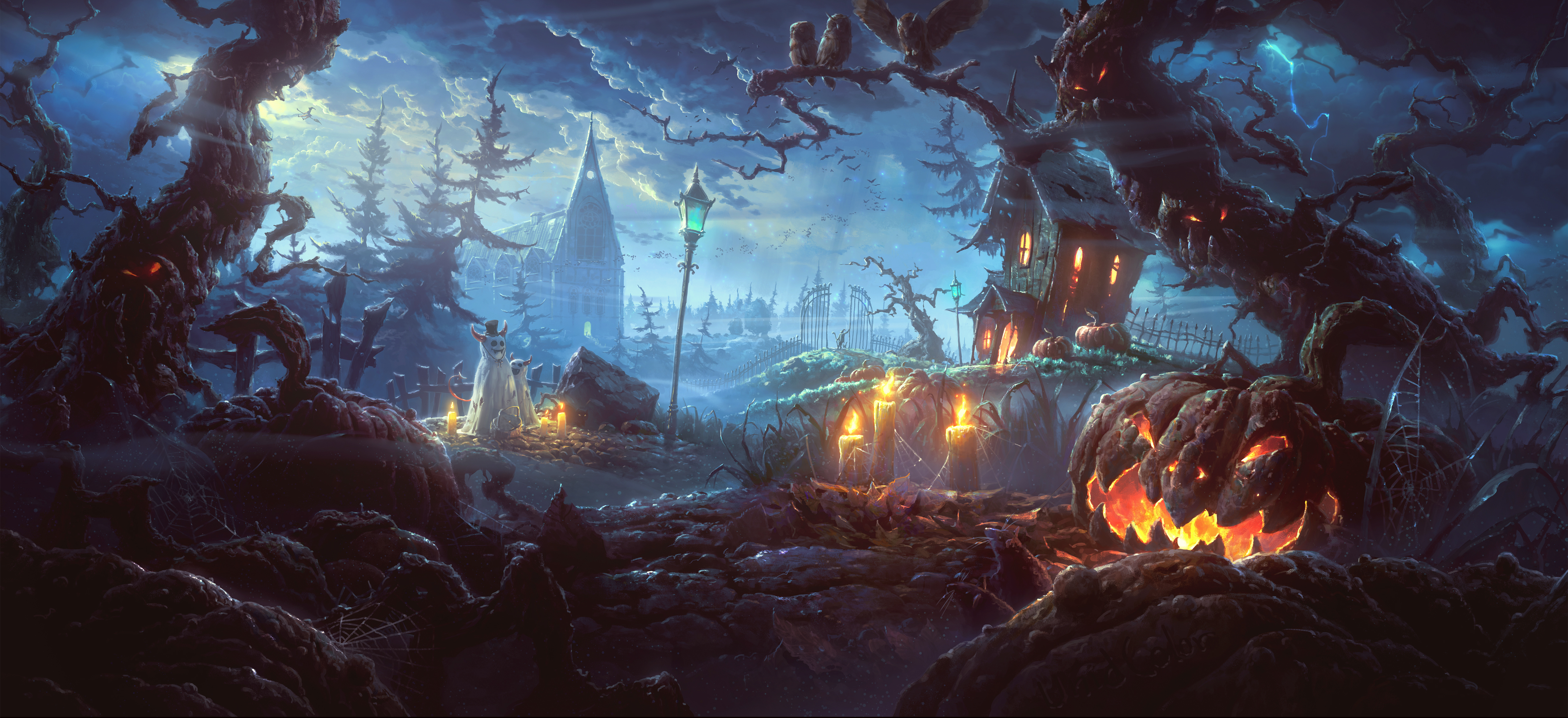 Halloween Village Night Scary Jack O Lantern 5000x2290