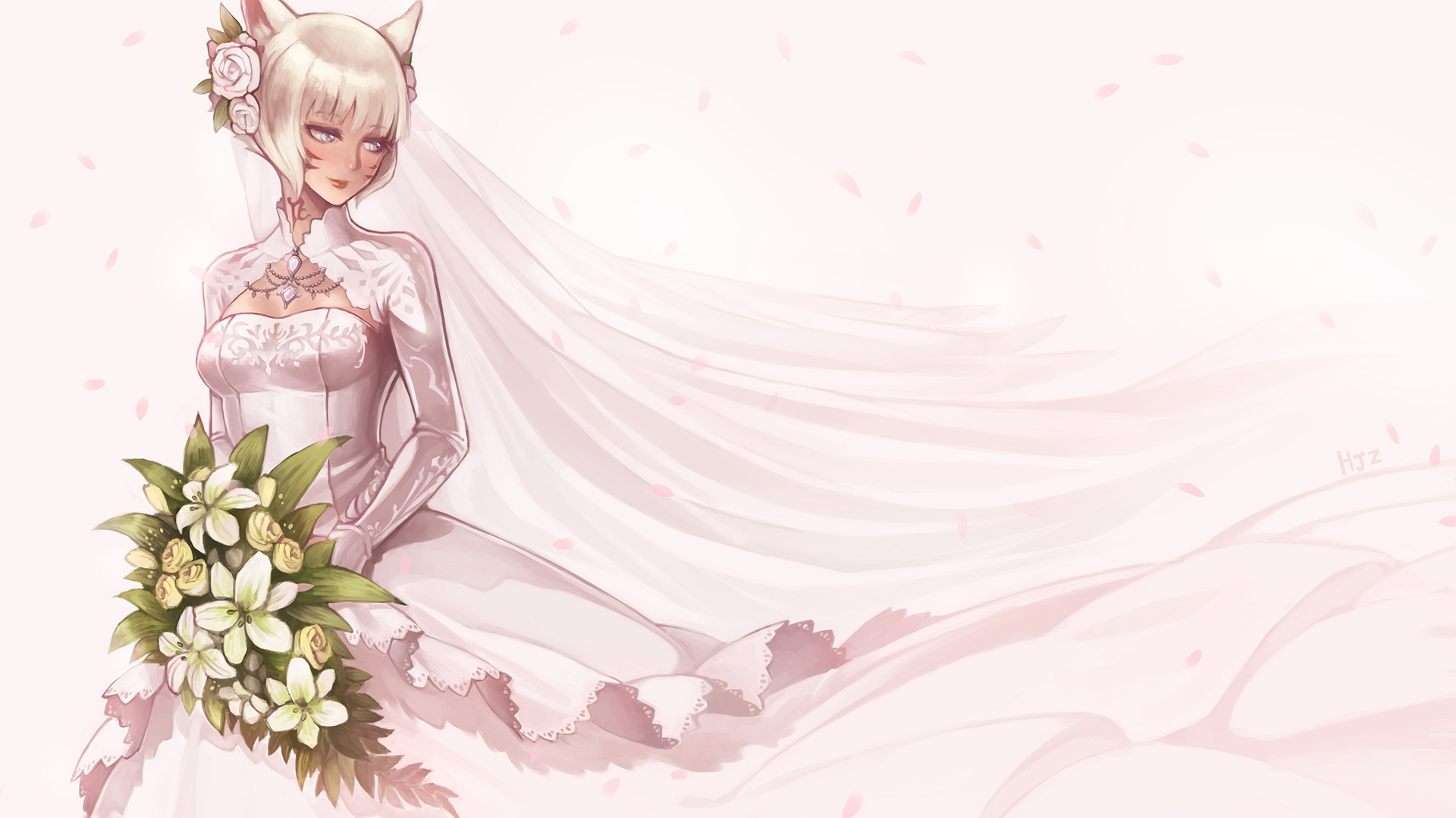 Wedding Dress Weddings Gloves Petals Cat Ears Miqote Final Fantasy 1920x1080