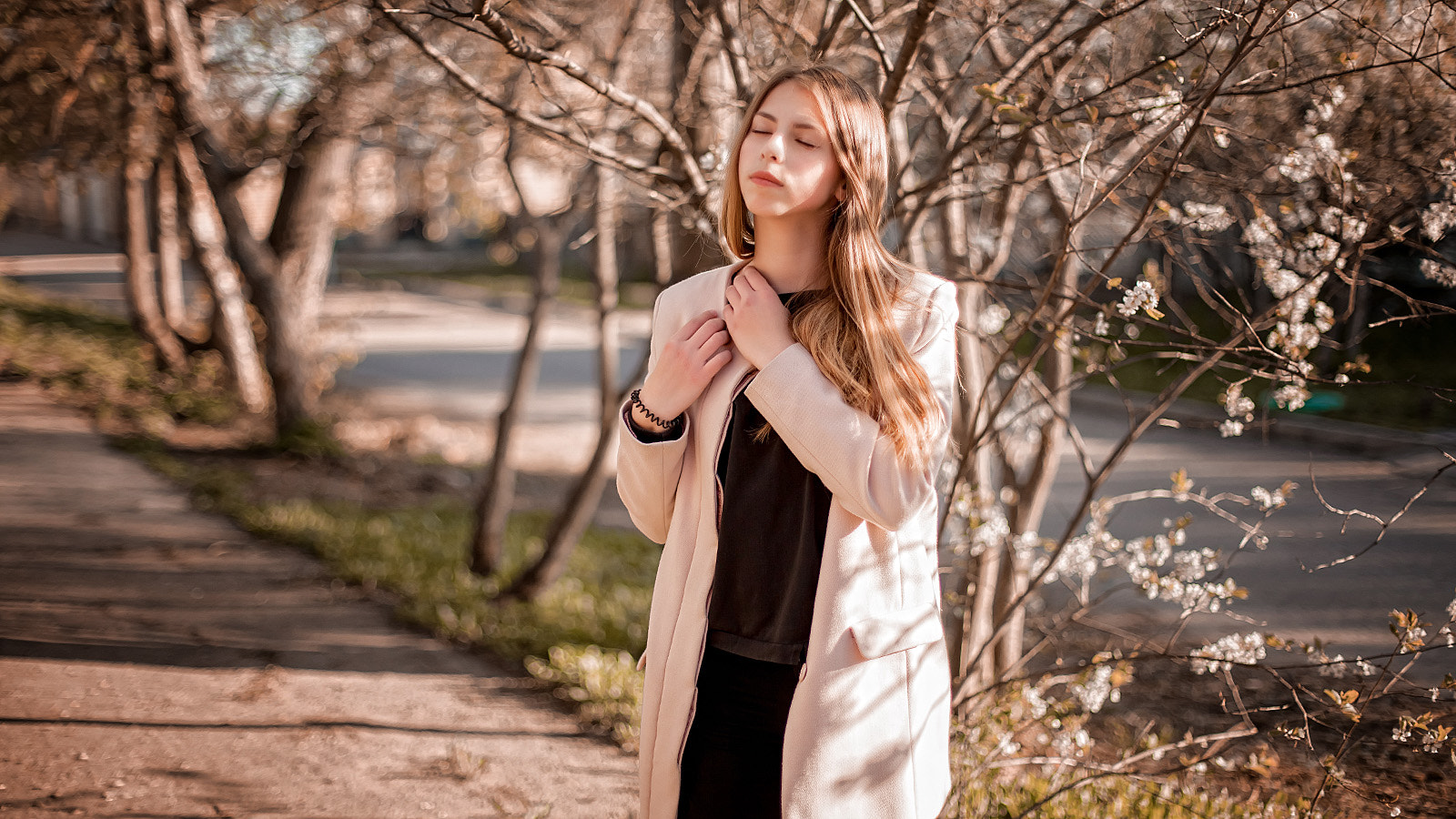 Model Women Outdoors Closed Eyes White Coat Brunette Long Hair Park Coats Dmitry Korneev Straight Ha 1600x900